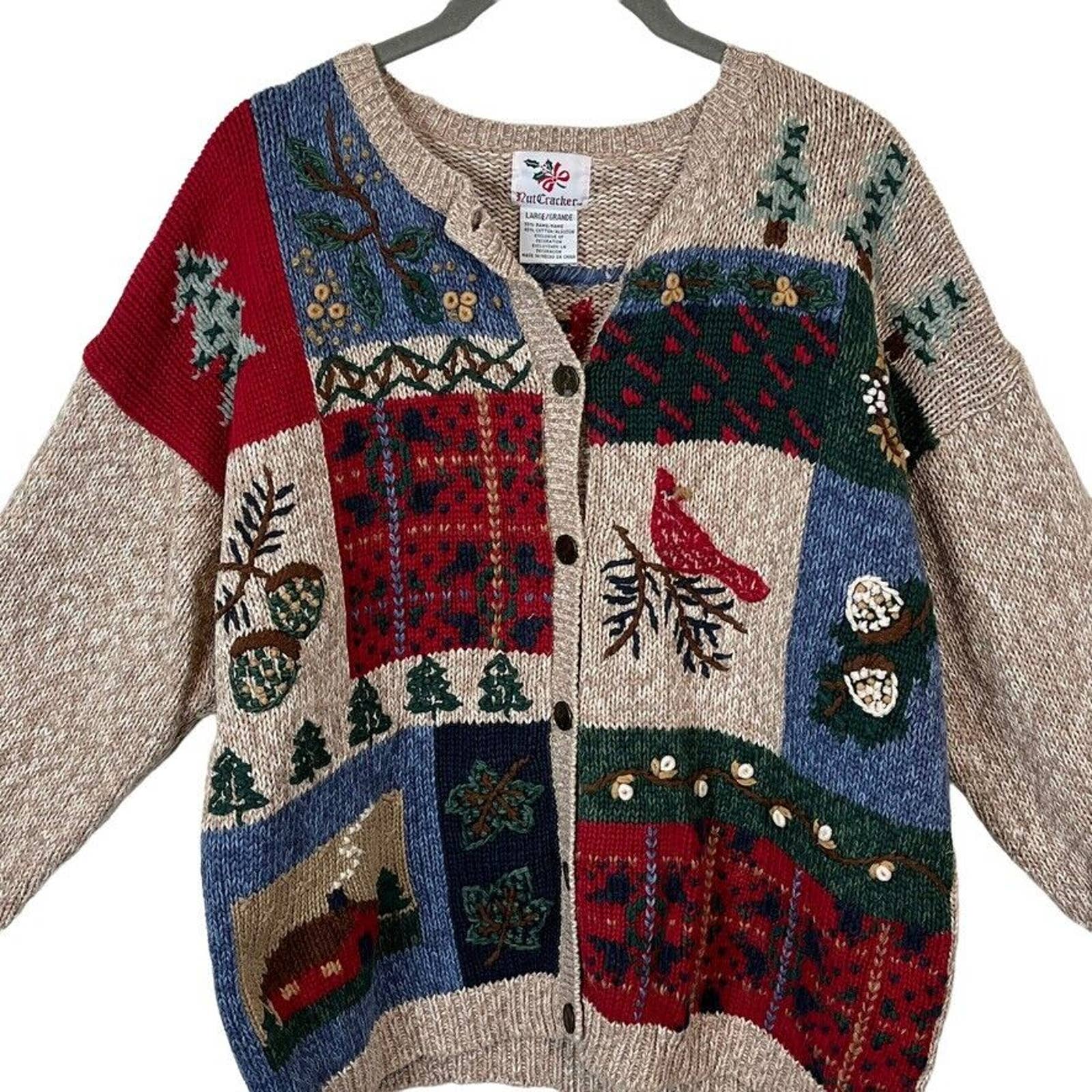 Christmas Sweater Cardigan Cardinals Acorns Cabin Trees Sz L by Nutcracker - Image 3