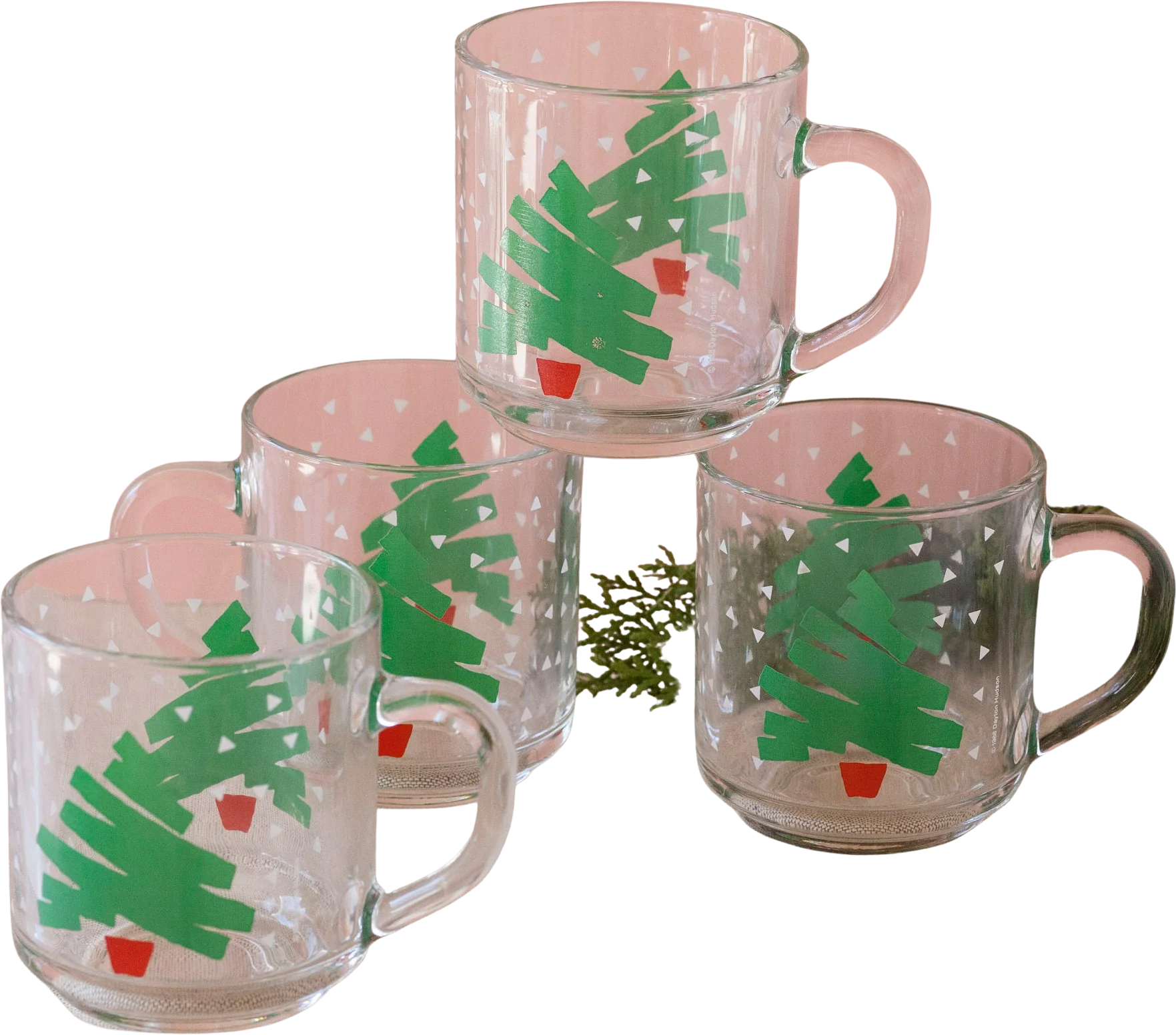Christmas Tree Coffee Mugs Pair of Two Clear Holiday 80s Dayton Hudson Vintage Luminarc