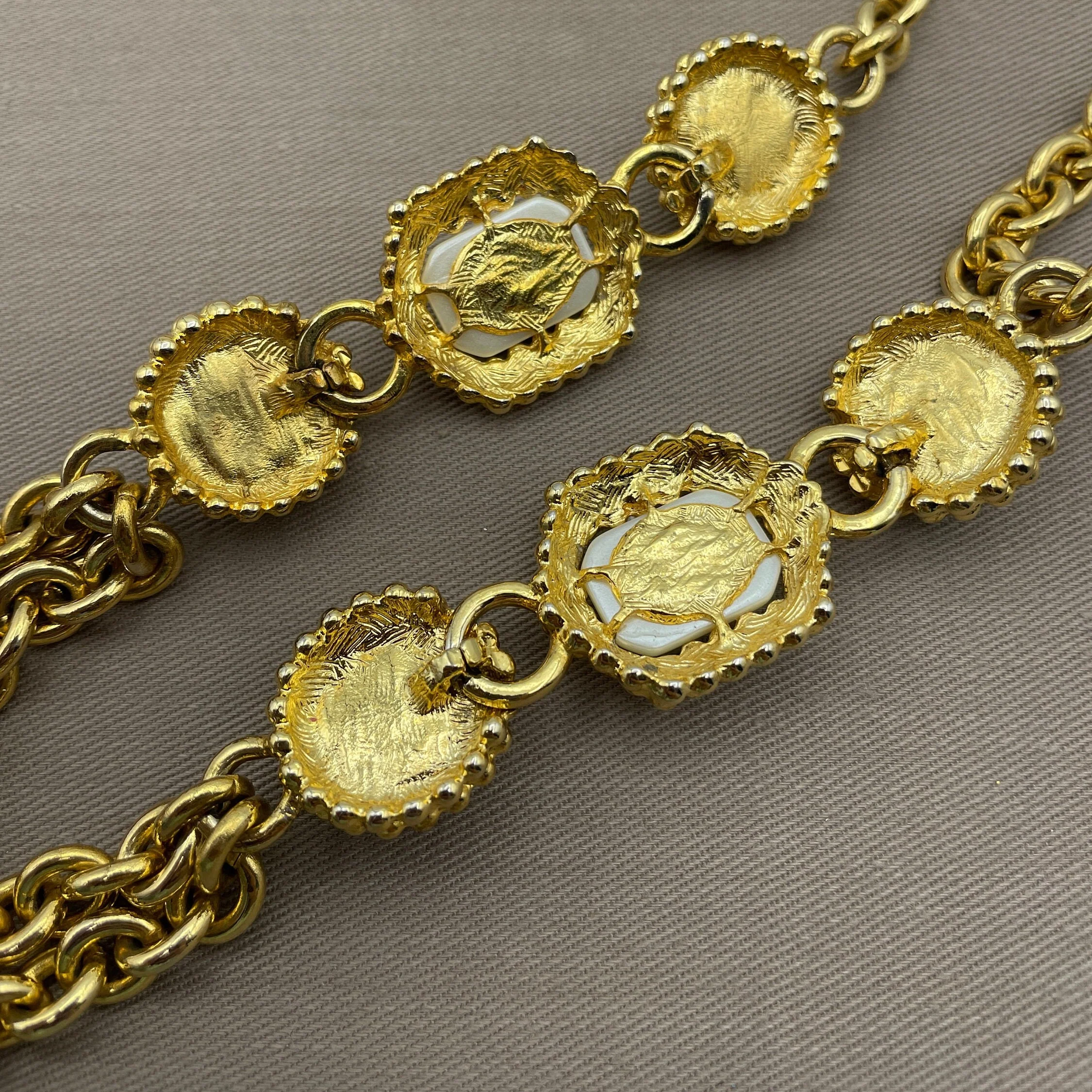 Chunky Gold Pearl Opera Length Double Chain Statement Necklace - Image 3