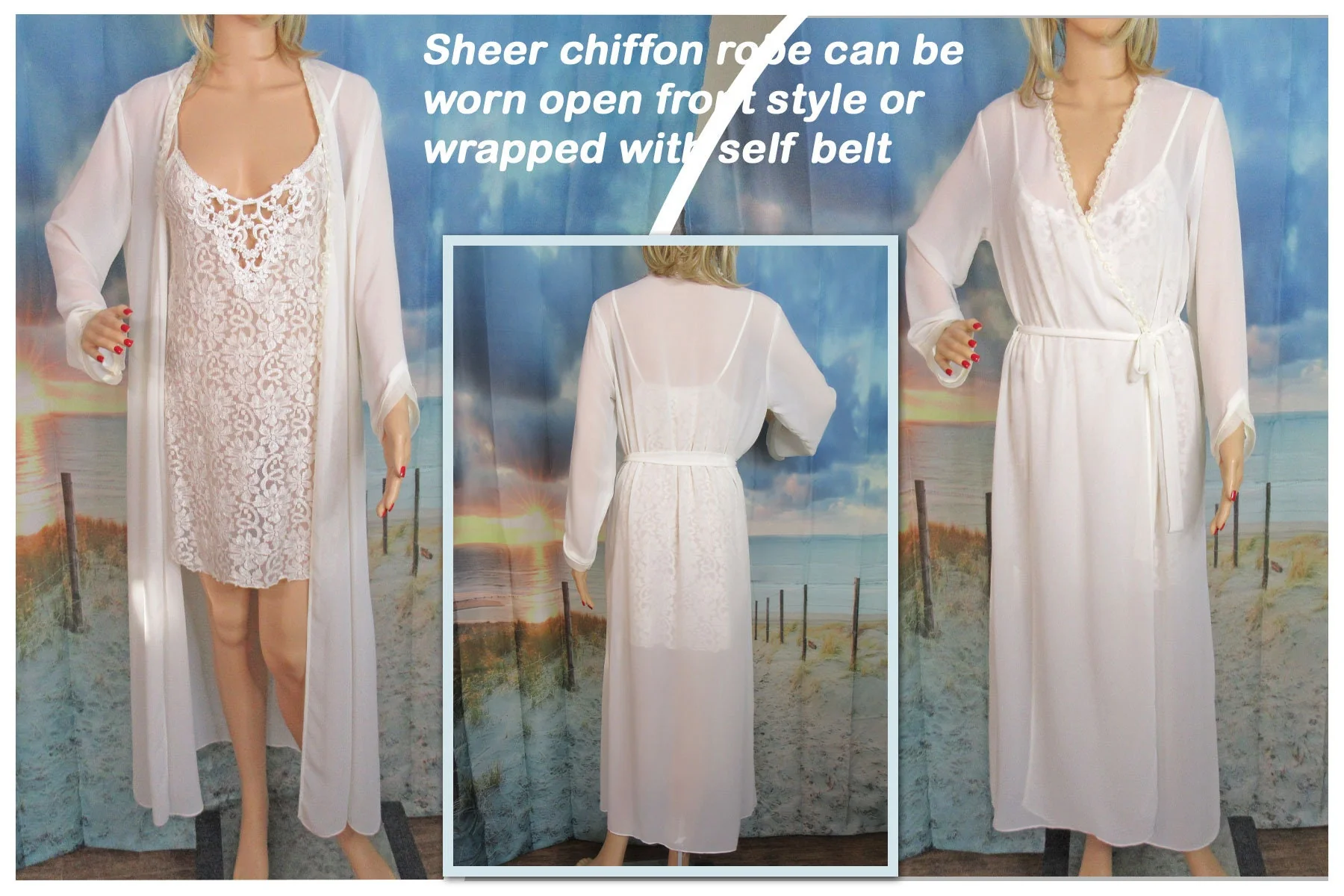 Cinema Etoile Set Creamy White Nylon Sheer Lace Bodice Babydoll Gown and Long Sheer Wrap Robe Peignoir Set by Cinema Etoile - Image 10