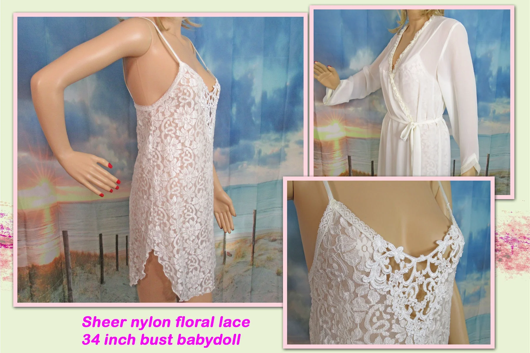 Cinema Etoile Set Creamy White Nylon Sheer Lace Bodice Babydoll Gown and Long Sheer Wrap Robe Peignoir Set by Cinema Etoile - Image 6