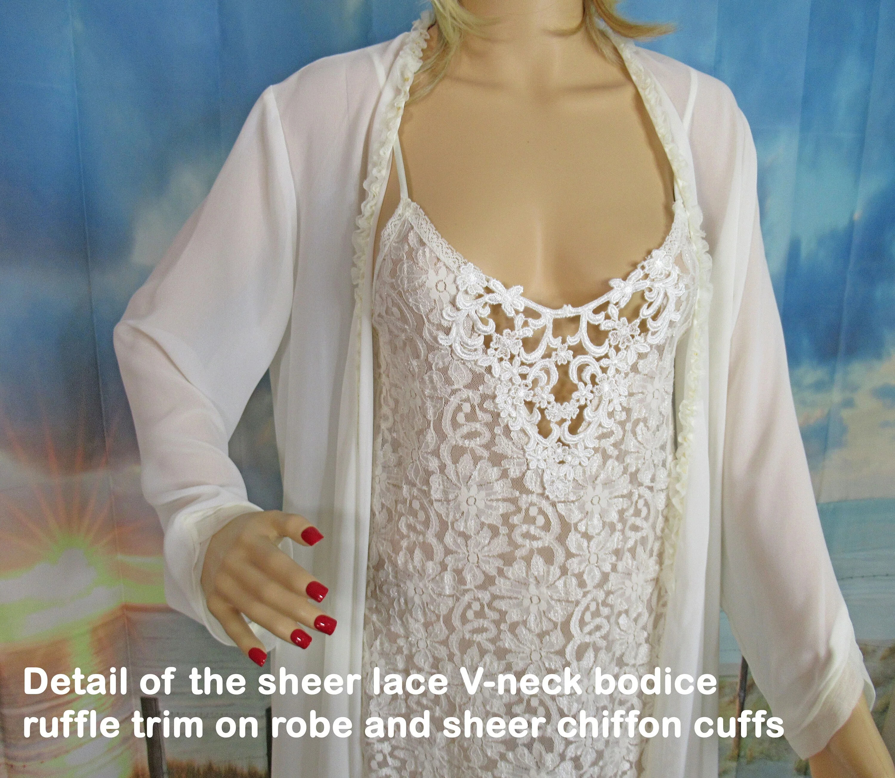 Cinema Etoile Set Creamy White Nylon Sheer Lace Bodice Babydoll Gown and Long Sheer Wrap Robe Peignoir Set by Cinema Etoile - Image 9