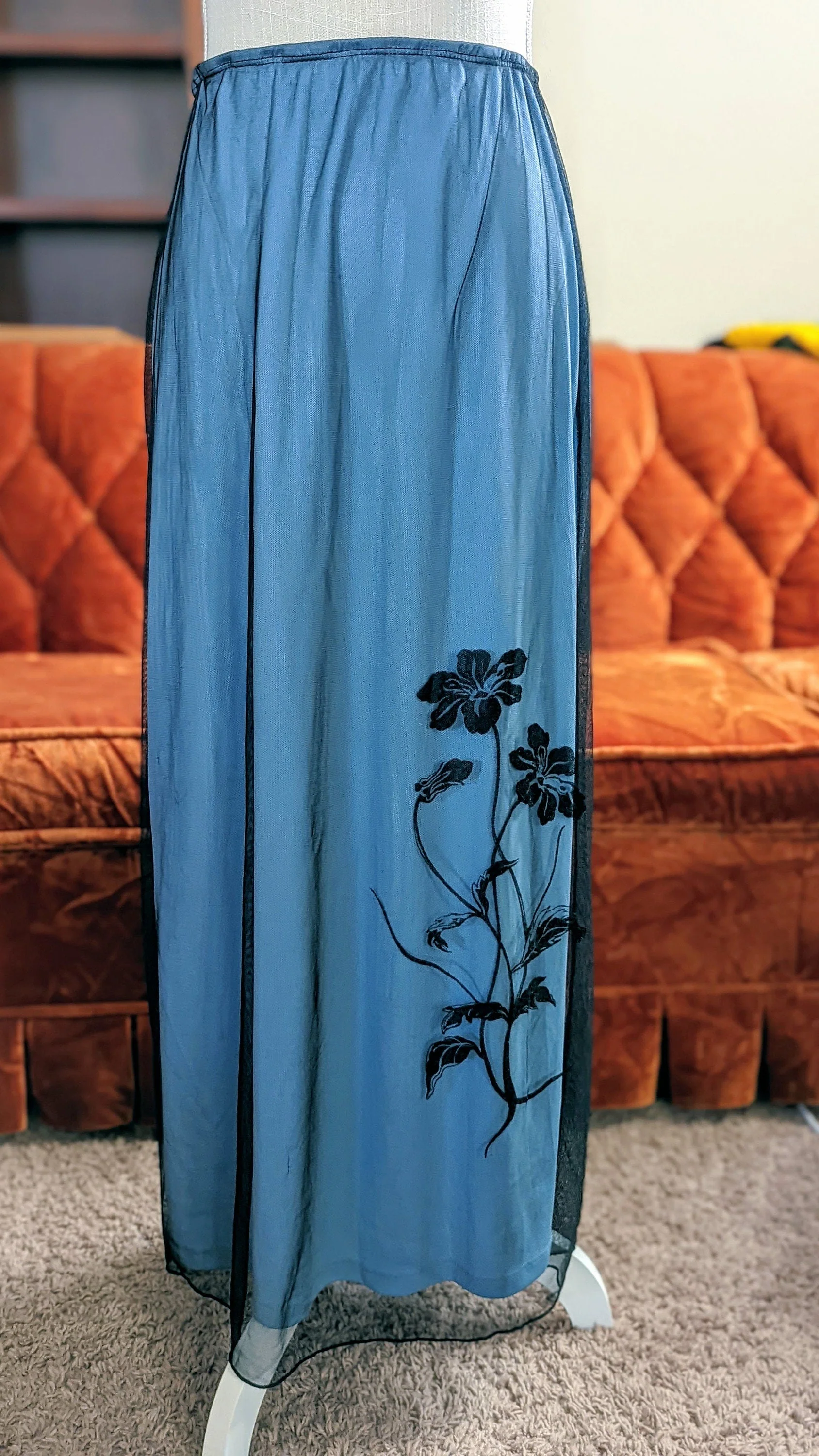 Classic 00s Goth Blue Skirt with Black Netting Mesh Overskirt and Silhouette Flowers by Joule - Image 3