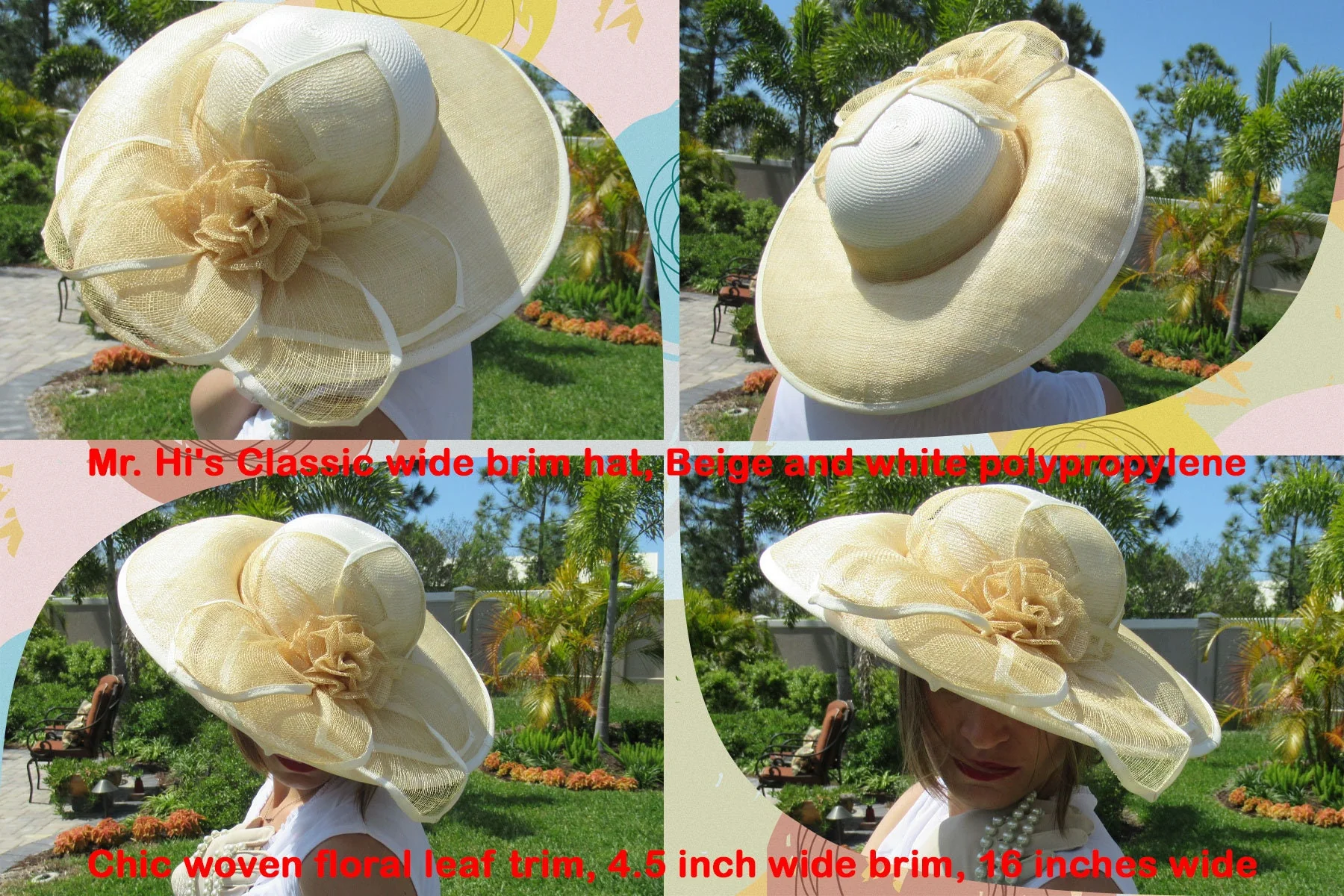 Classic Hat Wide Brim Beige and White Polypropylene Chic Woven Floral Leaf Trim, 4. 5 Inch Wide Brim, 16 Inches Wide, Dome Center by Mr. Hi's - Image 2