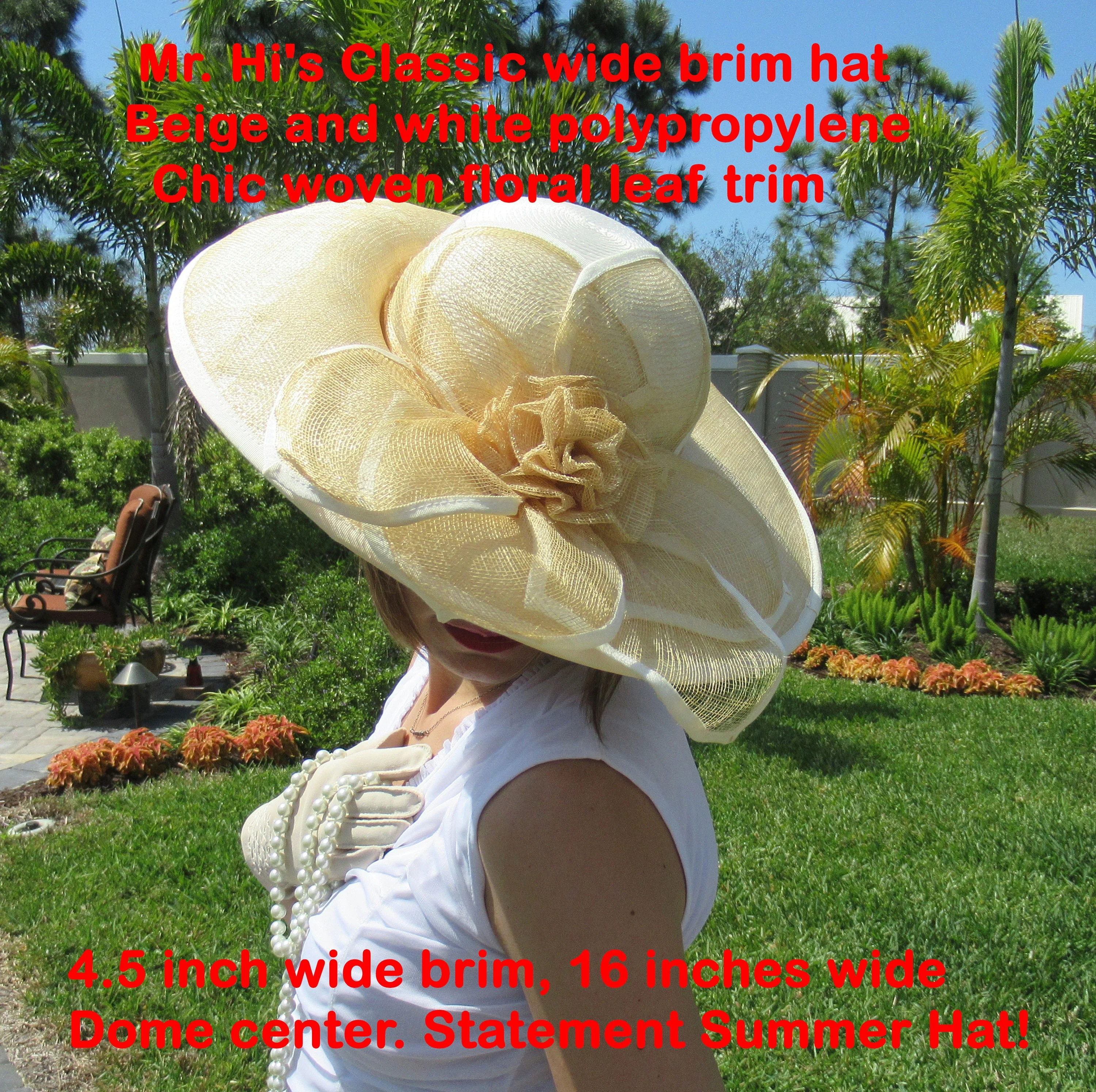 Classic Hat Wide Brim Beige and White Polypropylene Chic Woven Floral Leaf Trim, 4. 5 Inch Wide Brim, 16 Inches Wide, Dome Center by Mr. Hi's - Image 3