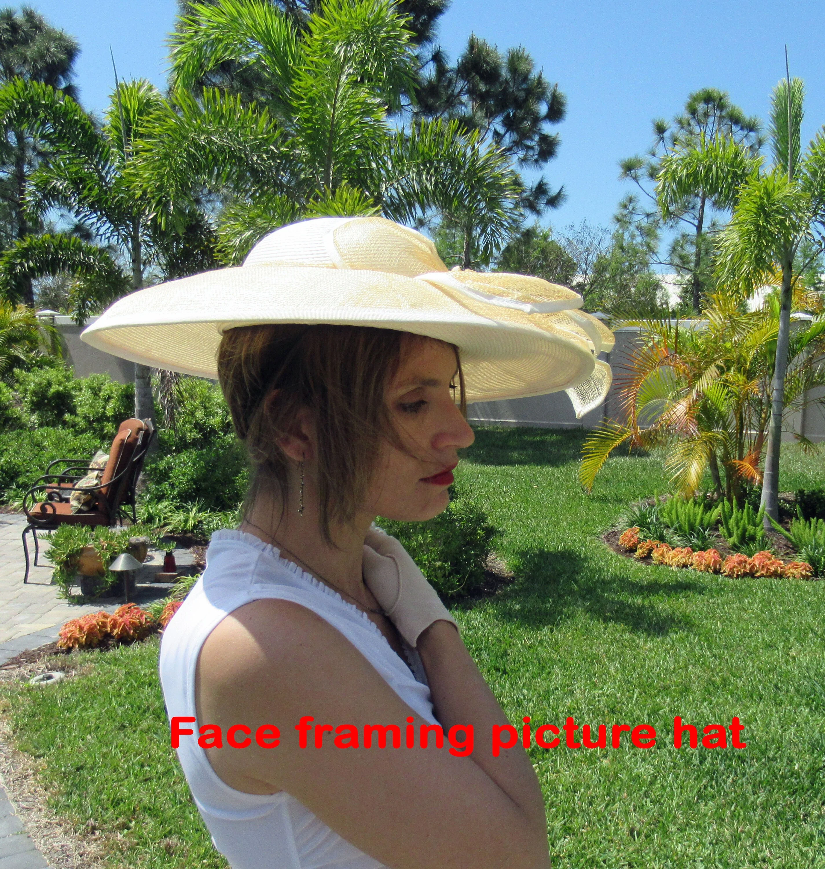 Classic Hat Wide Brim Beige and White Polypropylene Chic Woven Floral Leaf Trim, 4. 5 Inch Wide Brim, 16 Inches Wide, Dome Center by Mr. Hi's - Image 4