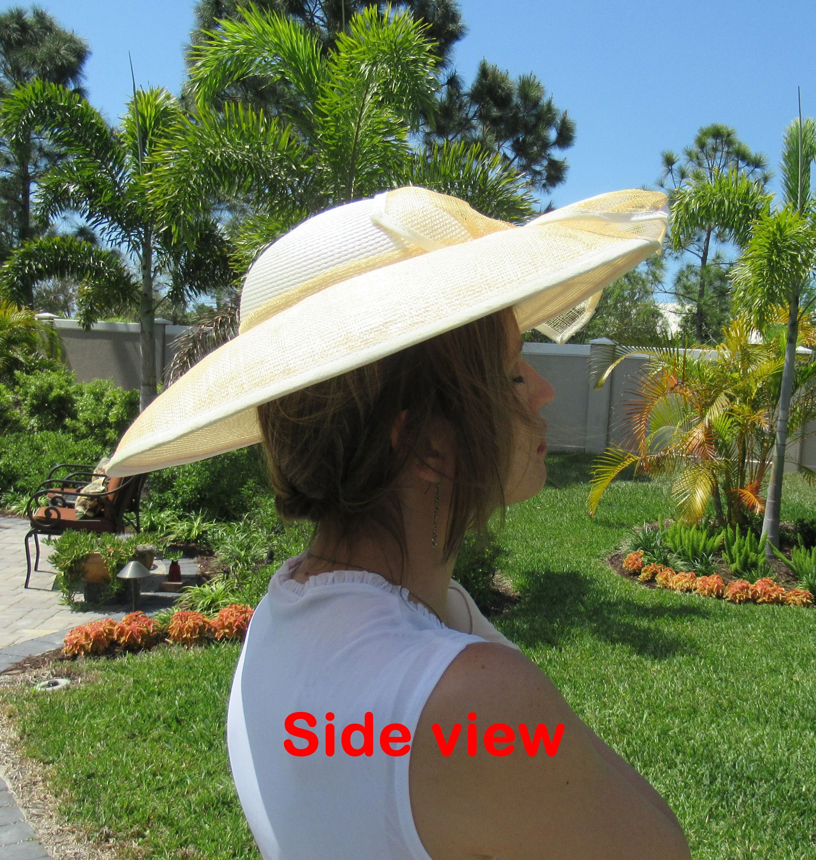 Classic Hat Wide Brim Beige and White Polypropylene Chic Woven Floral Leaf Trim, 4. 5 Inch Wide Brim, 16 Inches Wide, Dome Center by Mr. Hi's - Image 5