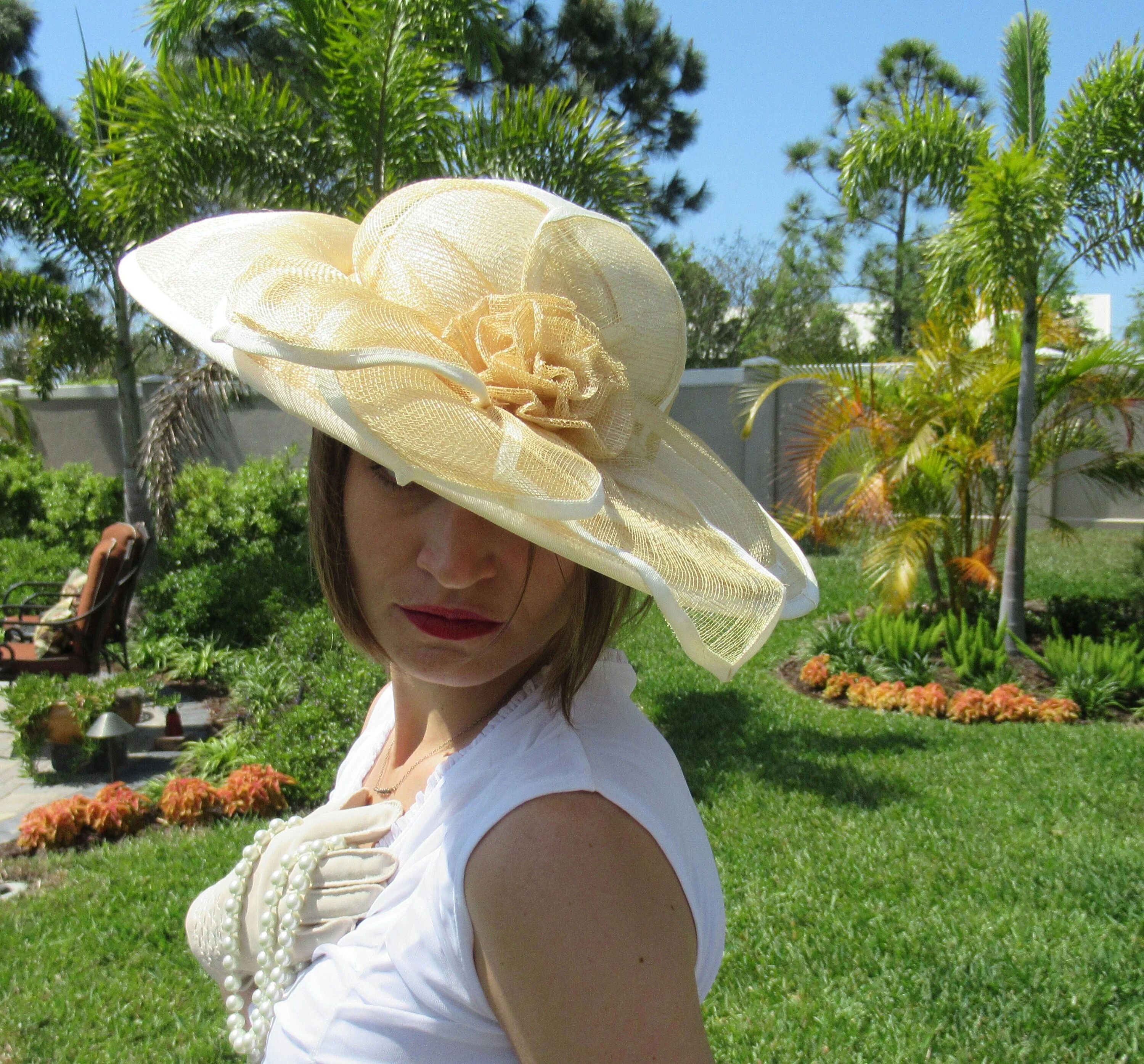 Classic Hat Wide Brim Beige and White Polypropylene Chic Woven Floral Leaf Trim, 4. 5 Inch Wide Brim, 16 Inches Wide, Dome Center by Mr. Hi's - Image 7