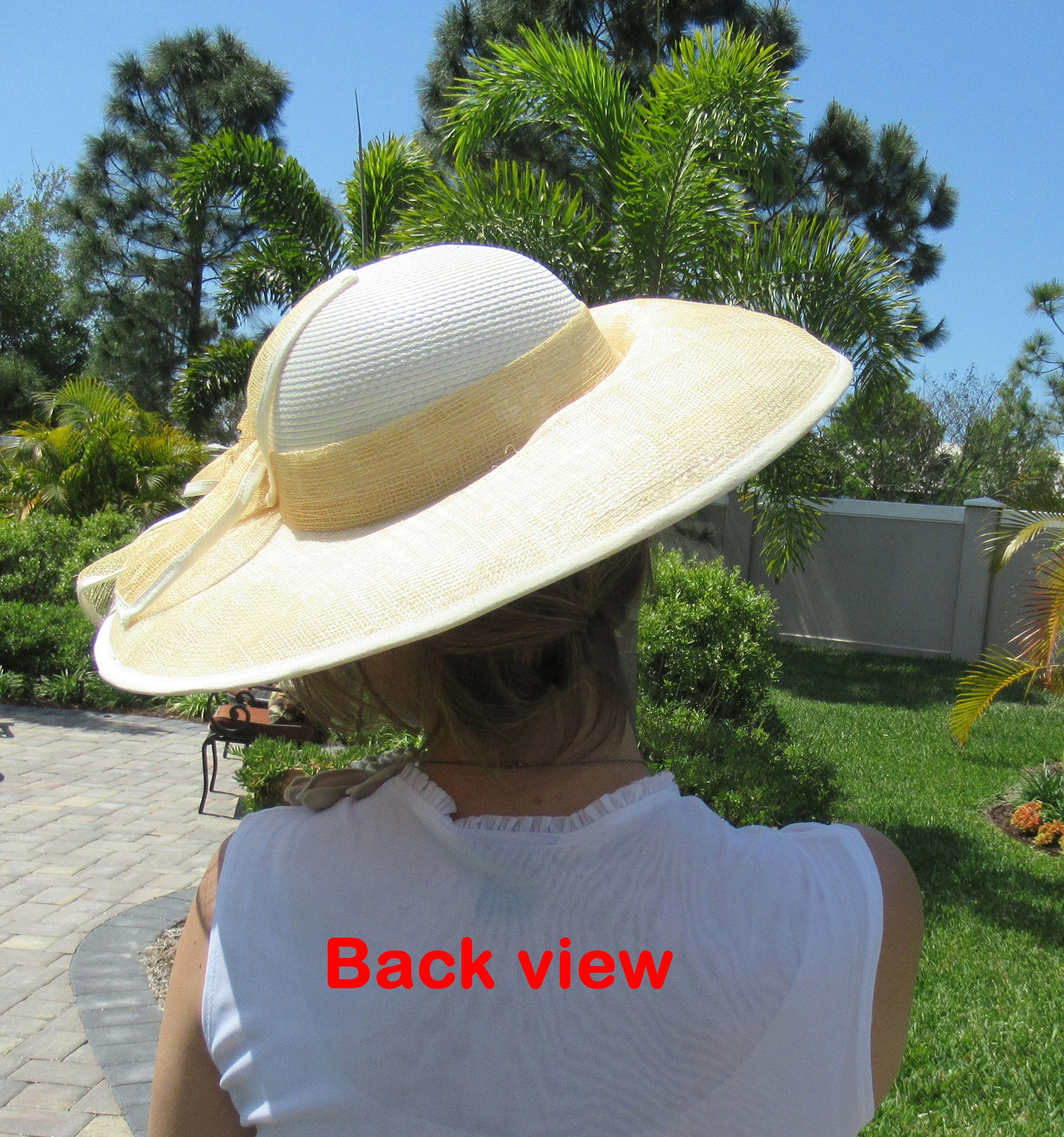 Classic Hat Wide Brim Beige and White Polypropylene Chic Woven Floral Leaf Trim, 4. 5 Inch Wide Brim, 16 Inches Wide, Dome Center by Mr. Hi's - Image 8