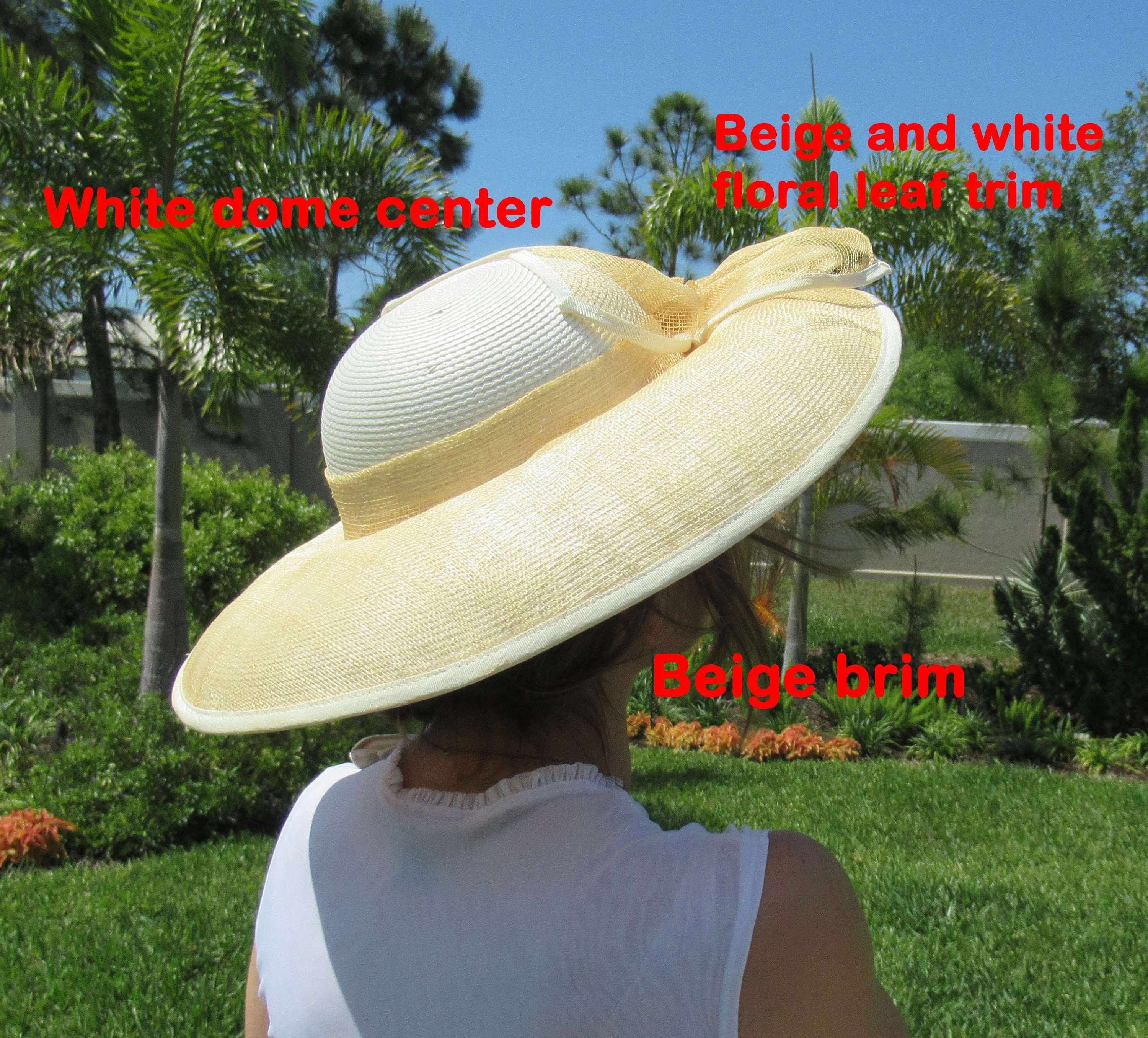 Classic Hat Wide Brim Beige and White Polypropylene Chic Woven Floral Leaf Trim, 4. 5 Inch Wide Brim, 16 Inches Wide, Dome Center by Mr. Hi's - Image 9