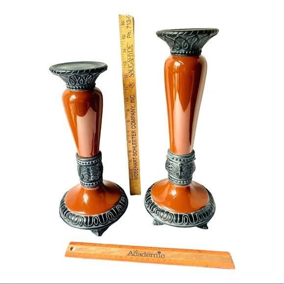 Classic Pair of Large Tall Ceramic Candle Holder Sang De Boeuf by Fitz And Floyd - Image 9