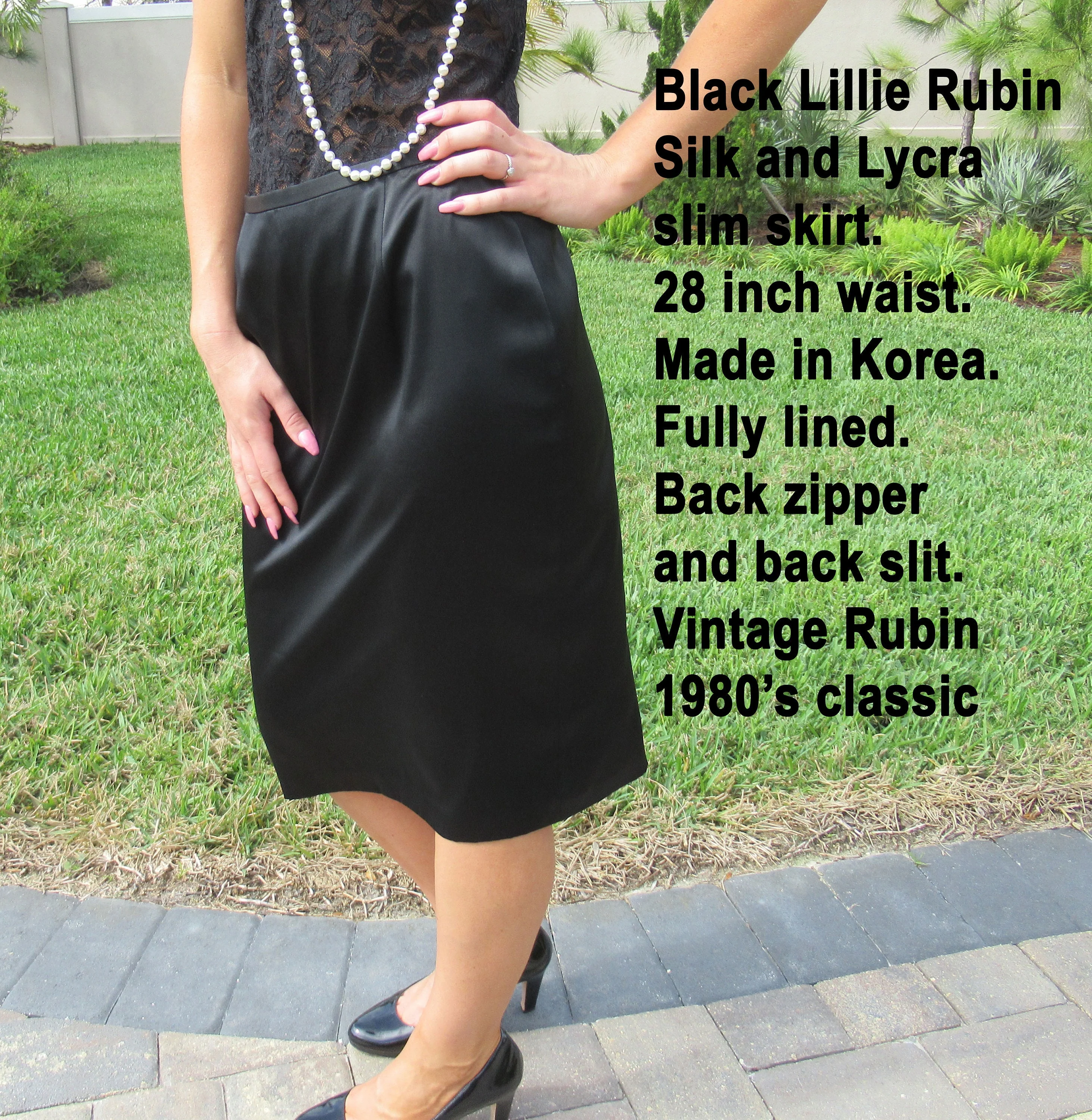 Classic Slim Skirt Black Silk Lillie Rubin Made In Korea Silk Lycra Mix Fabric Lined Back Zipper and Back Slit by Lillie Rubin - Image 2