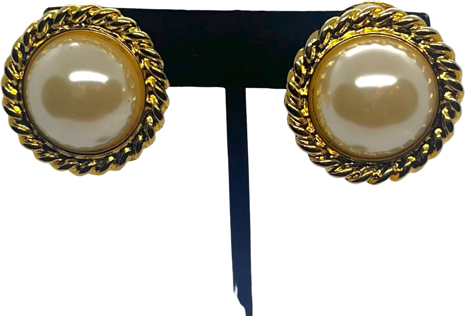 Classic Vintage Pearl Dome Earrings 80s 90s Chunky Runway Gold Tone Rope Edge Chunky Button Quality