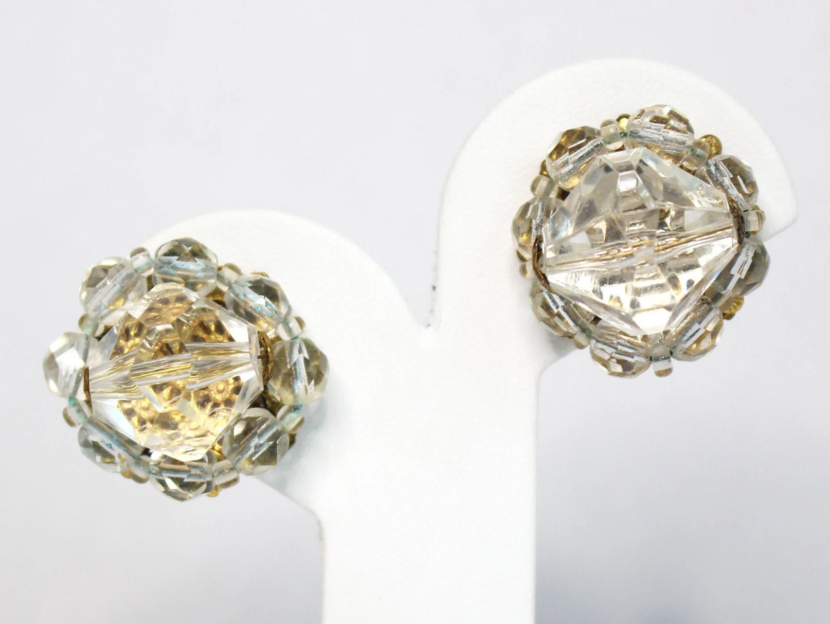 Clear Multifaceted Poured Glass Statement - 60s Vintage Bridal Earrings Clear Bead Clip On Earrings by Miriam Haskell - Image 5