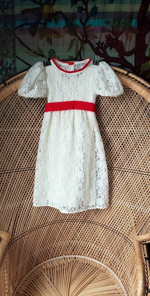 Clearance 80s Cream Lace Dress 4t Ivory Lace and Red Velvet Dress, Puffed Sleeves Girls Dress,, Girls Party Dress, Flower Girl Dress, 4t - Image 3