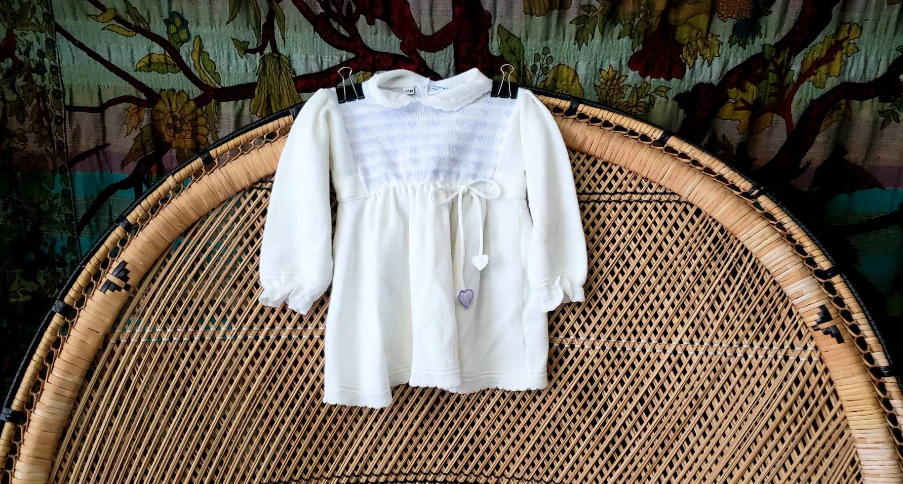 Clearance 80s Heart Knit Vintage Baby Purple Heart White Knit Dress 24m by Friemanit - Image 2