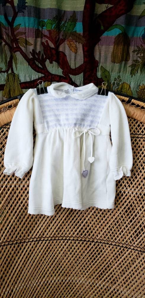 Clearance 80s Heart Knit Vintage Baby Purple Heart White Knit Dress 24m by Friemanit - Image 3