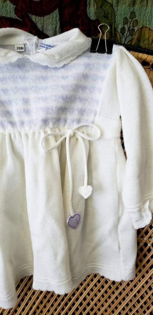 Clearance 80s Heart Knit Vintage Baby Purple Heart White Knit Dress 24m by Friemanit - Image 4
