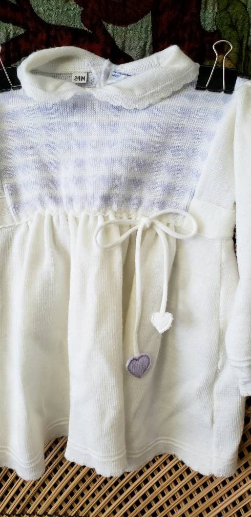 Clearance 80s Heart Knit Vintage Baby Purple Heart White Knit Dress 24m by Friemanit - Image 5
