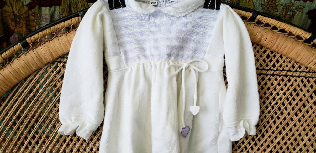 Clearance 80s Heart Knit Vintage Baby Purple Heart White Knit Dress 24m by Friemanit - Image 7