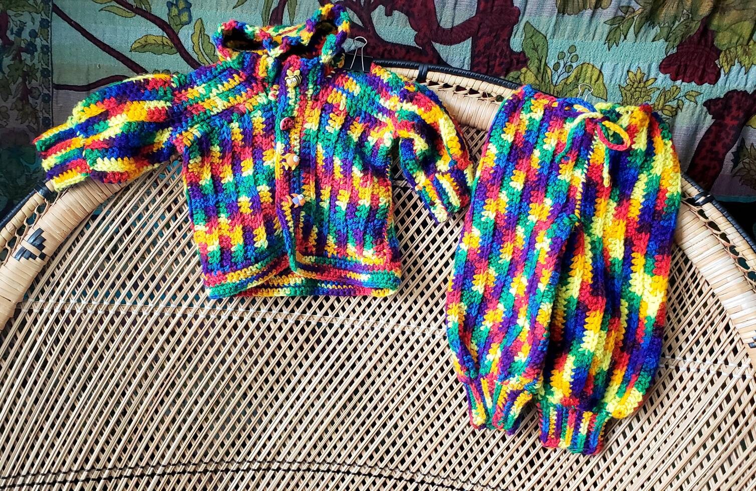 Clearance 90s Rainbow Baby Knit Sweater Jacket and Pants Set Rainbow Baby Set with Fun Buttons - Image 2