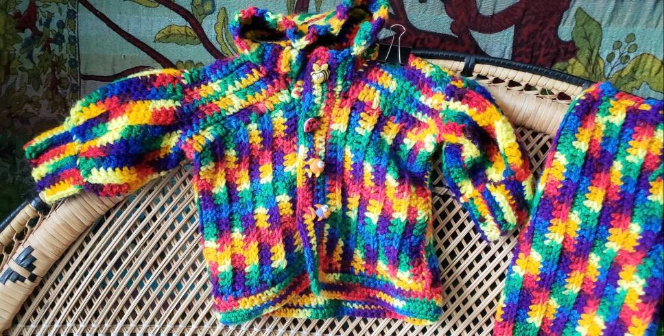 Clearance 90s Rainbow Baby Knit Sweater Jacket and Pants Set Rainbow Baby Set with Fun Buttons - Image 4