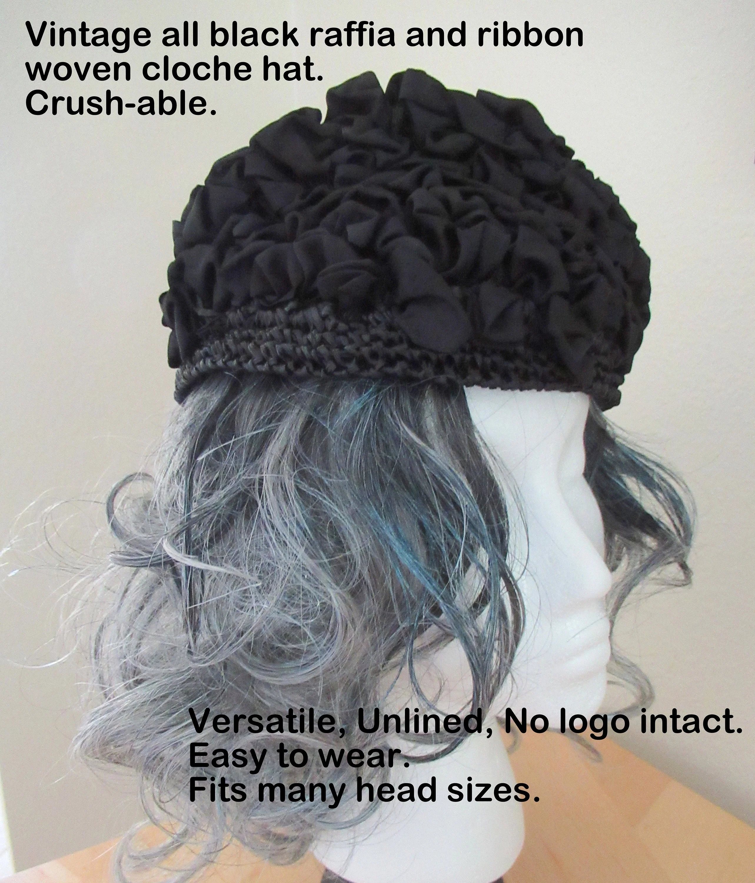 Cloche Hat Black Raffia and Ribbon Woven Crush-Able Versatile Unlined No Logo Intact Easy To Wear Fits Many Head S Vintage - Image 3
