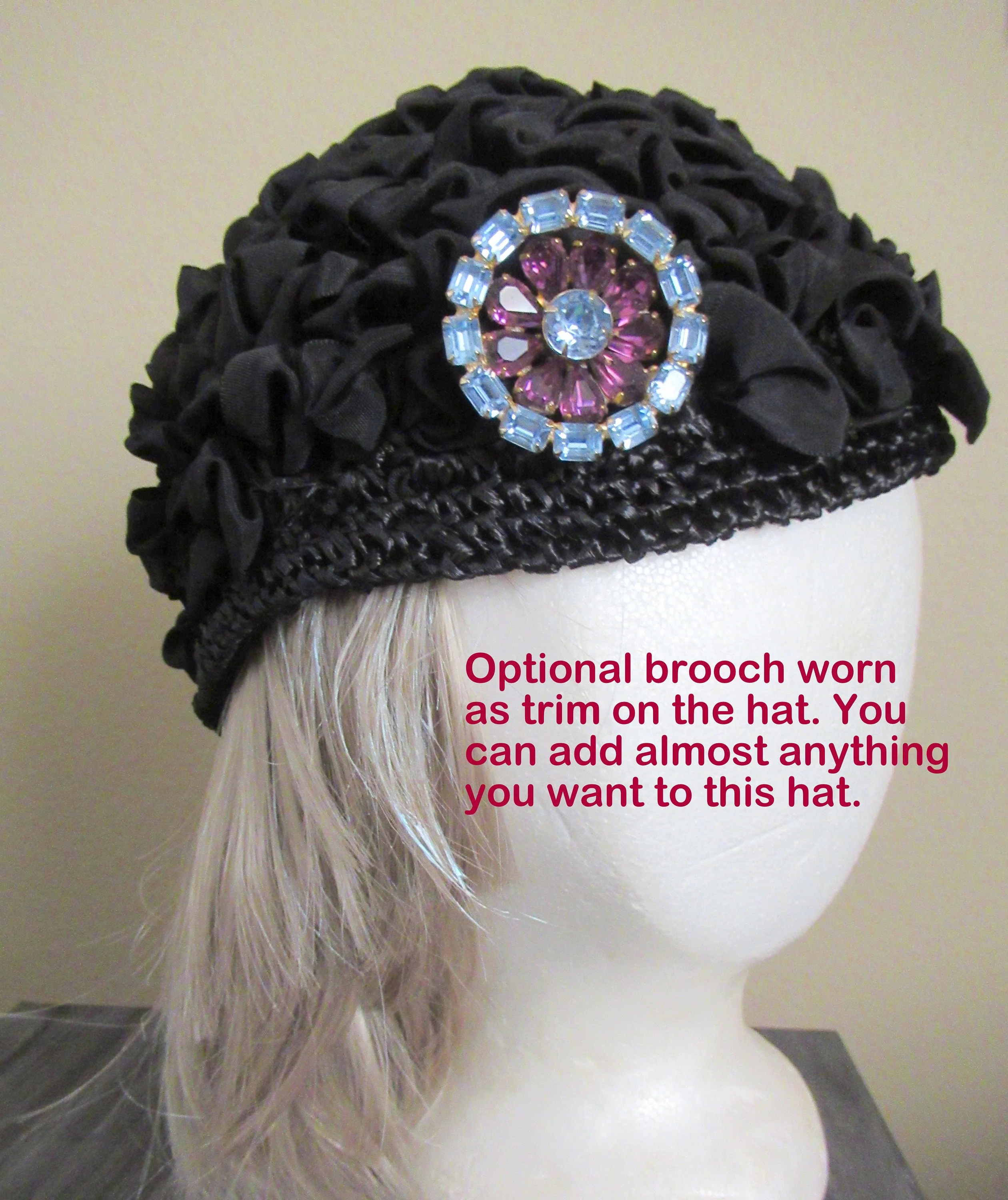 Cloche Hat Black Raffia and Ribbon Woven Crush-Able Versatile Unlined No Logo Intact Easy To Wear Fits Many Head S Vintage - Image 6