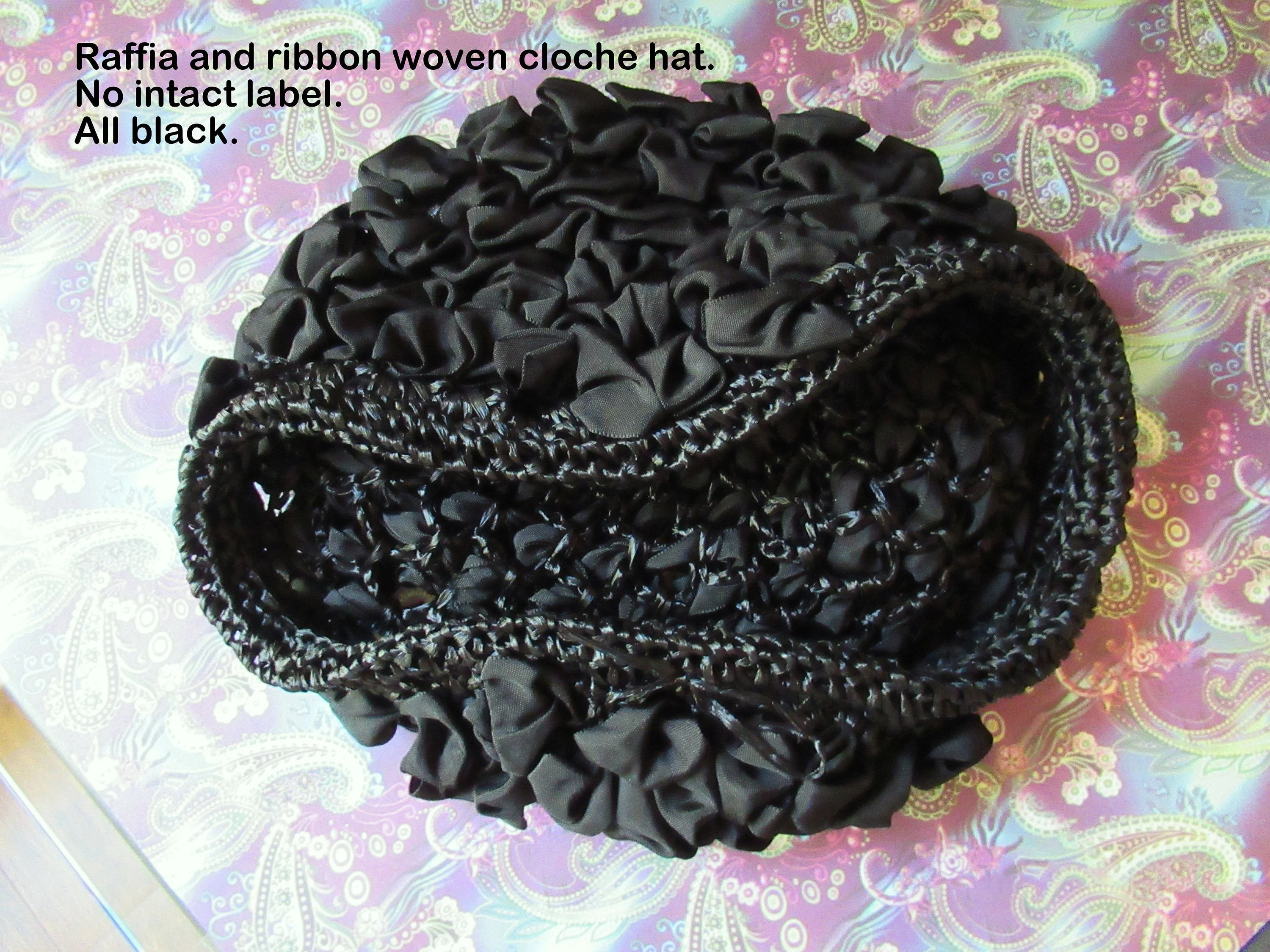 Cloche Hat Black Raffia and Ribbon Woven Crush-Able Versatile Unlined No Logo Intact Easy To Wear Fits Many Head S Vintage - Image 8