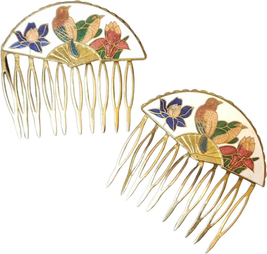 Cloisonne Bird Flower Fan Vintage Hair Combs