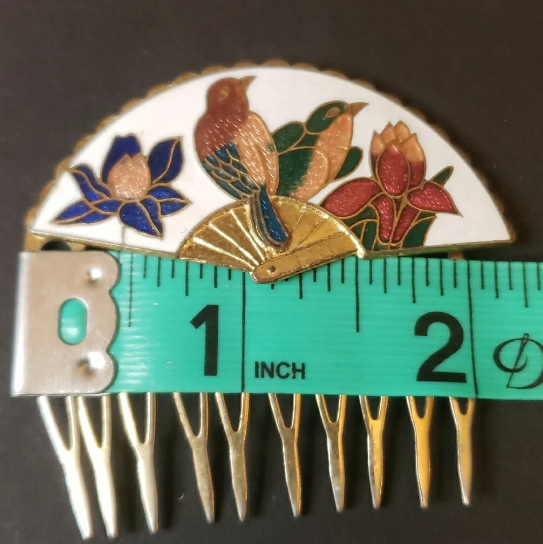 Cloisonne Bird Flower Fan Vintage Hair Combs - Image 6