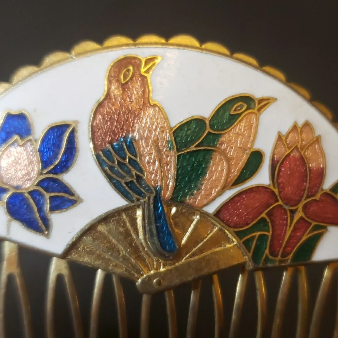 Cloisonne Bird Flower Fan Vintage Hair Combs - Image 8