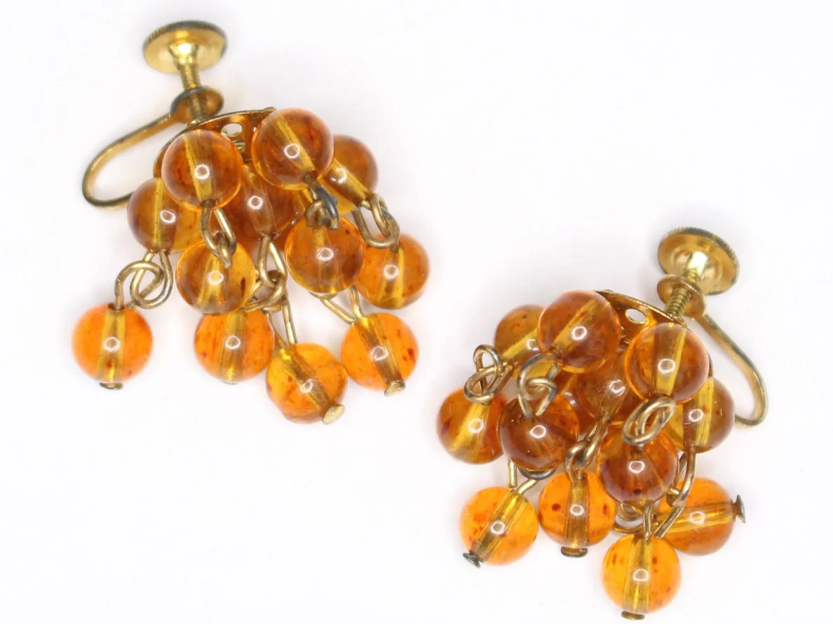 Cluster Lucite Bead Statement Earrings Tortoiseshell Lucite Acrylic Bead 60s Style 70s Style Retro Screw Back Earrings - Image 2