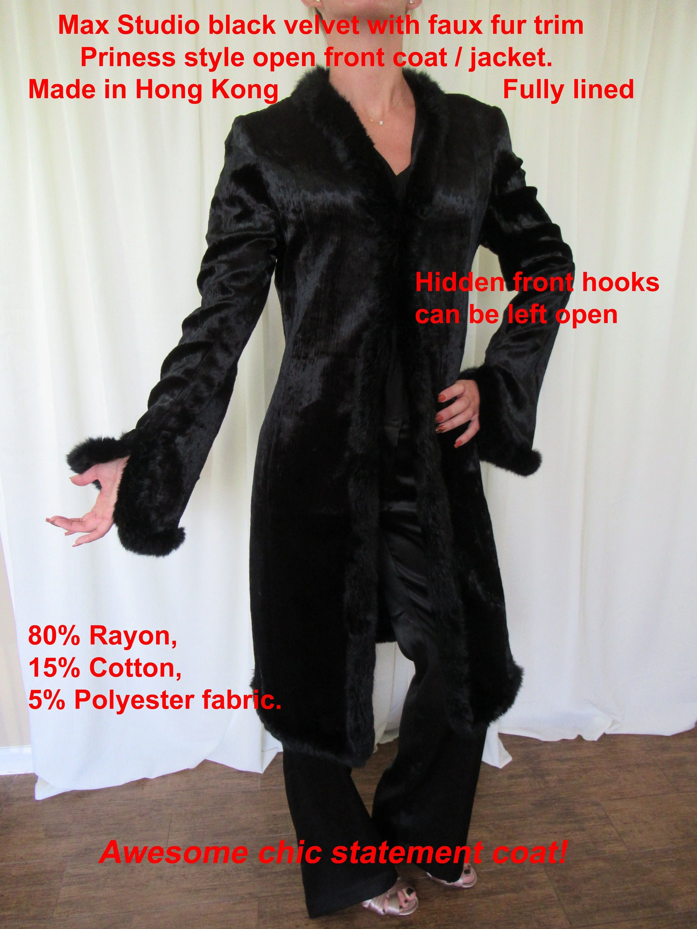 Coat Jacket Max Studio Black Velvet with Faux Fur Trim Open Front Made In Hong Kong Fully Lined Rayon Cotton Polyester Mix by Max Studio - Image 4