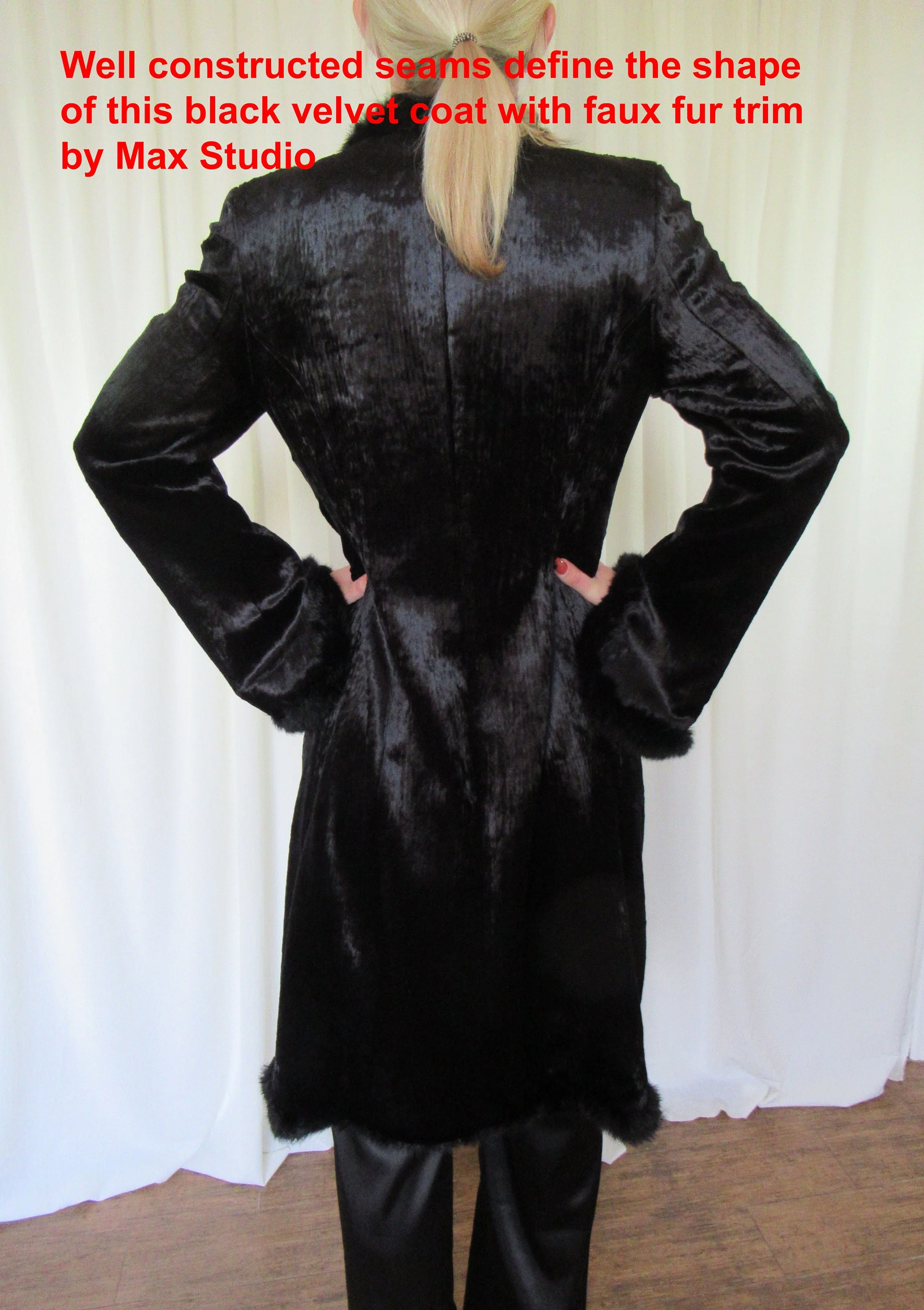Coat Jacket Max Studio Black Velvet with Faux Fur Trim Open Front Made In Hong Kong Fully Lined Rayon Cotton Polyester Mix by Max Studio - Image 9