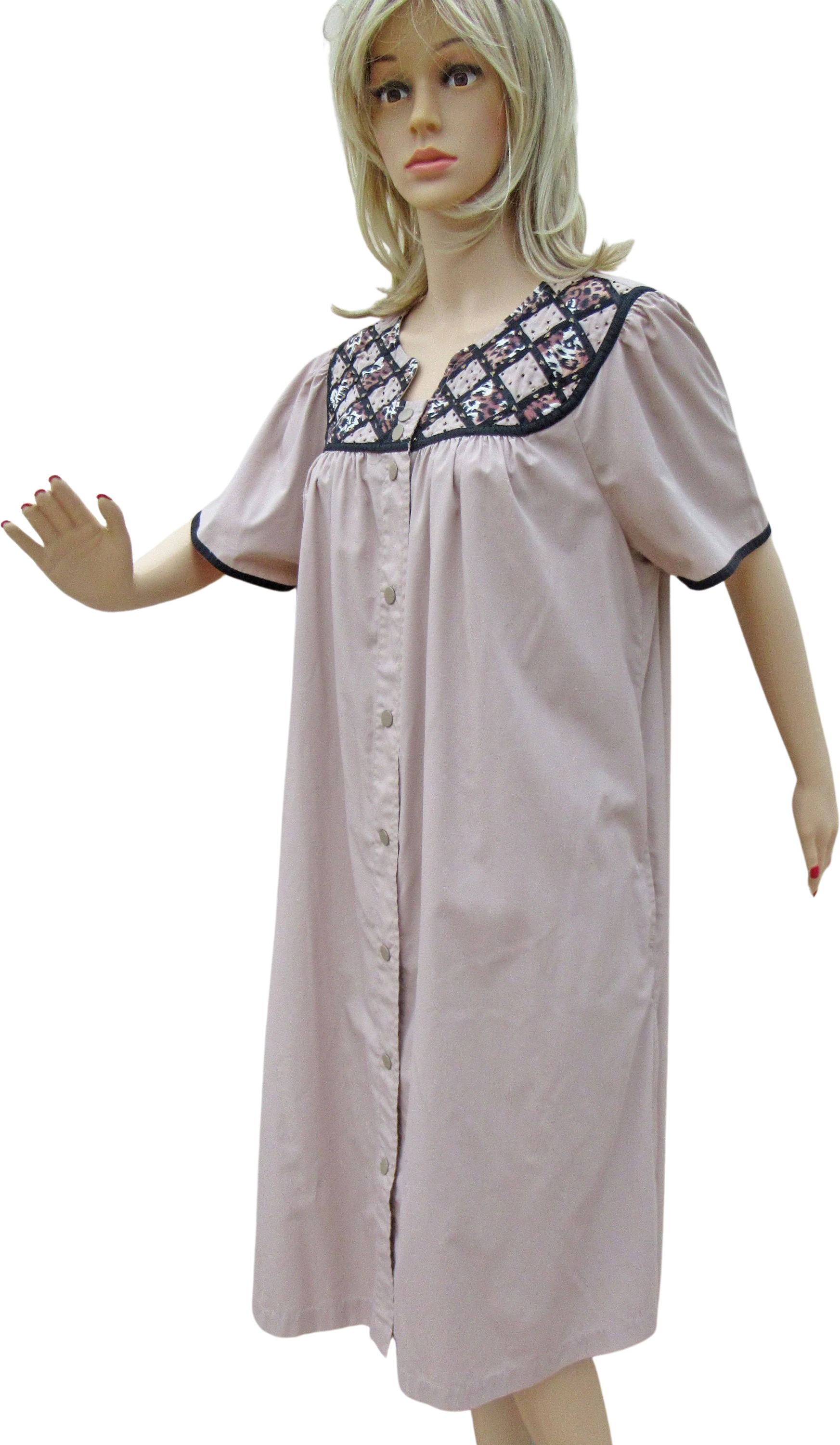 Coat Robe Mocha Brown Quilted Animal Print Yoke Knee Length Front Snaps Polyester Cotton Mix by Go Softly Models