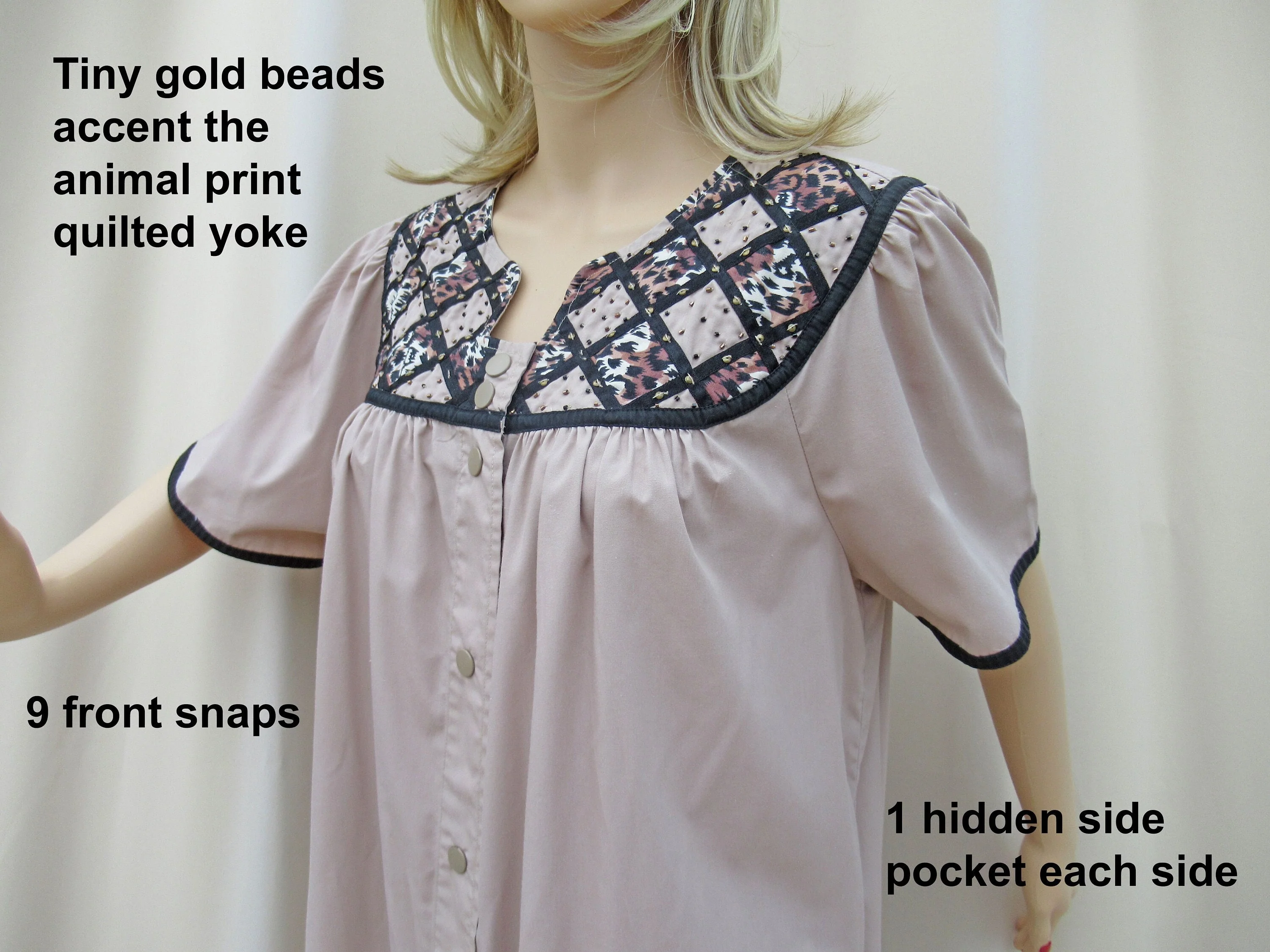 Coat Robe Mocha Brown Quilted Animal Print Yoke Knee Length Front Snaps Polyester Cotton Mix by Go Softly Models - Image 2