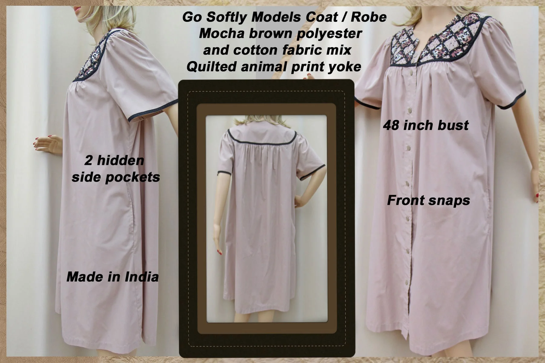 Coat Robe Mocha Brown Quilted Animal Print Yoke Knee Length Front Snaps Polyester Cotton Mix by Go Softly Models - Image 3