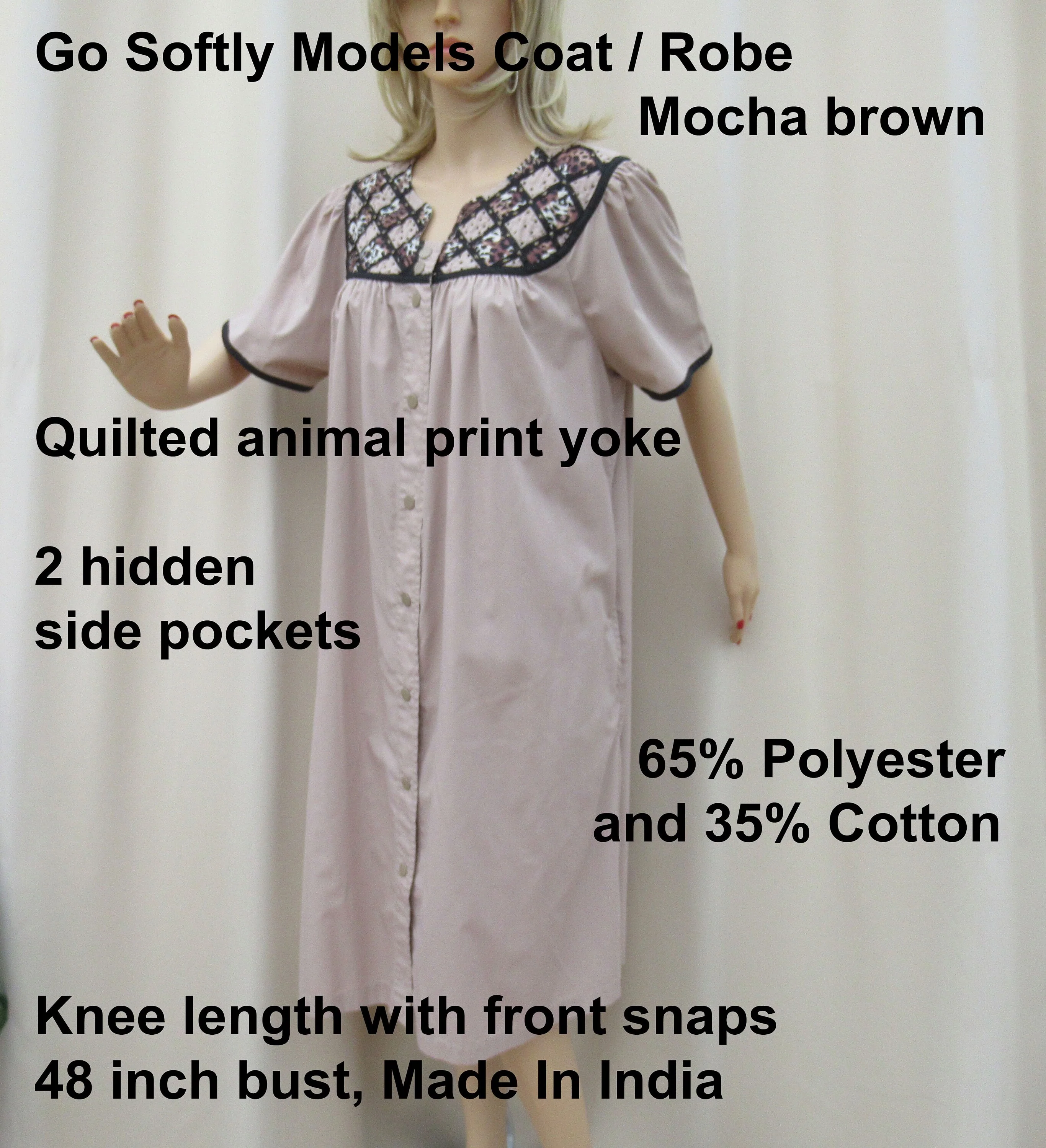 Coat Robe Mocha Brown Quilted Animal Print Yoke Knee Length Front Snaps Polyester Cotton Mix by Go Softly Models - Image 5