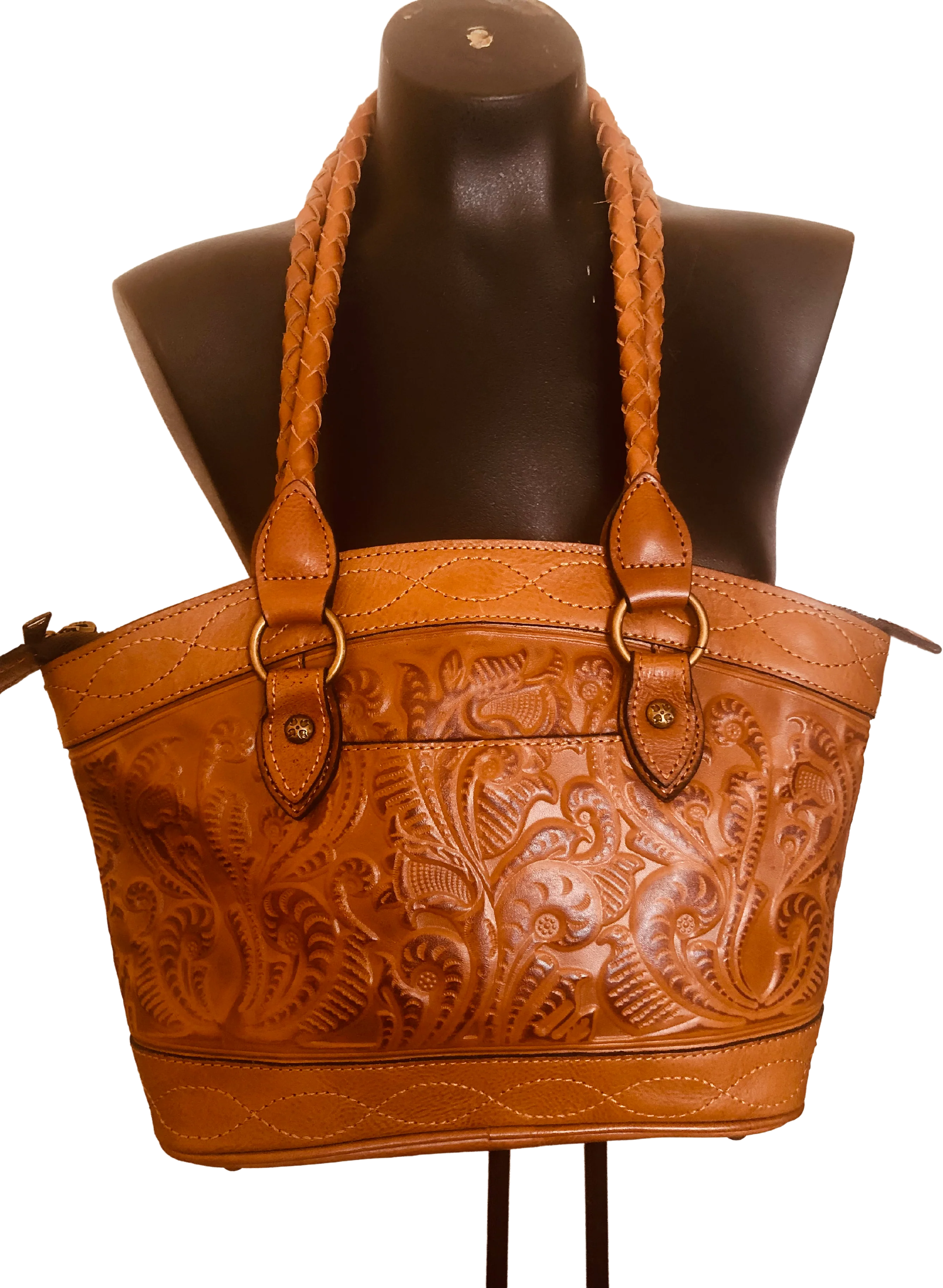 Cognac Leather Tooled Tote With Braided Straps By Patricia Nash