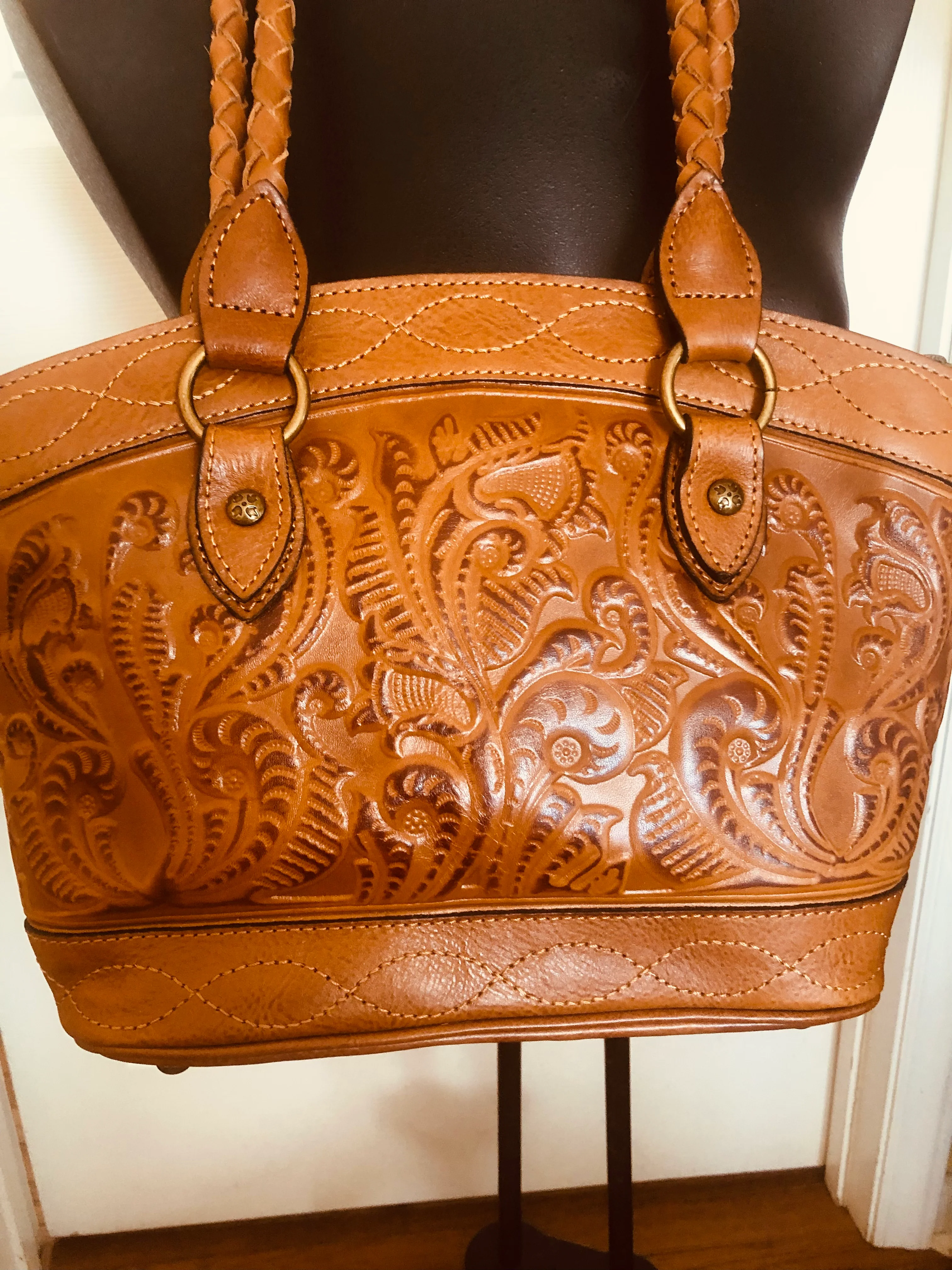 Cognac Leather Tooled Tote With Braided Straps By Patricia Nash - Image 3