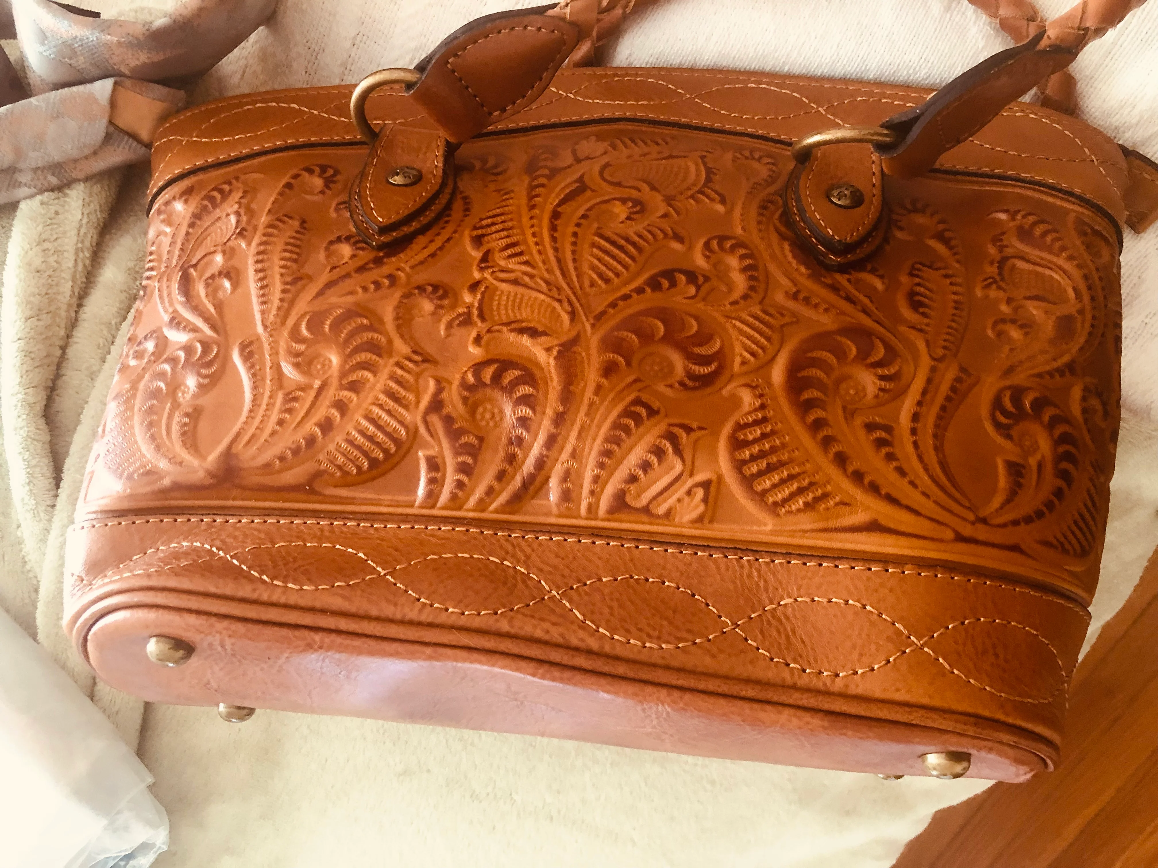 Cognac Leather Tooled Tote With Braided Straps By Patricia Nash - Image 4