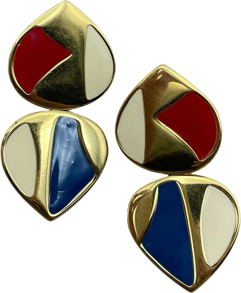 Colorful Enamel Statement Earrings for Pierced Ears Red White, Blue Enamel by Monet