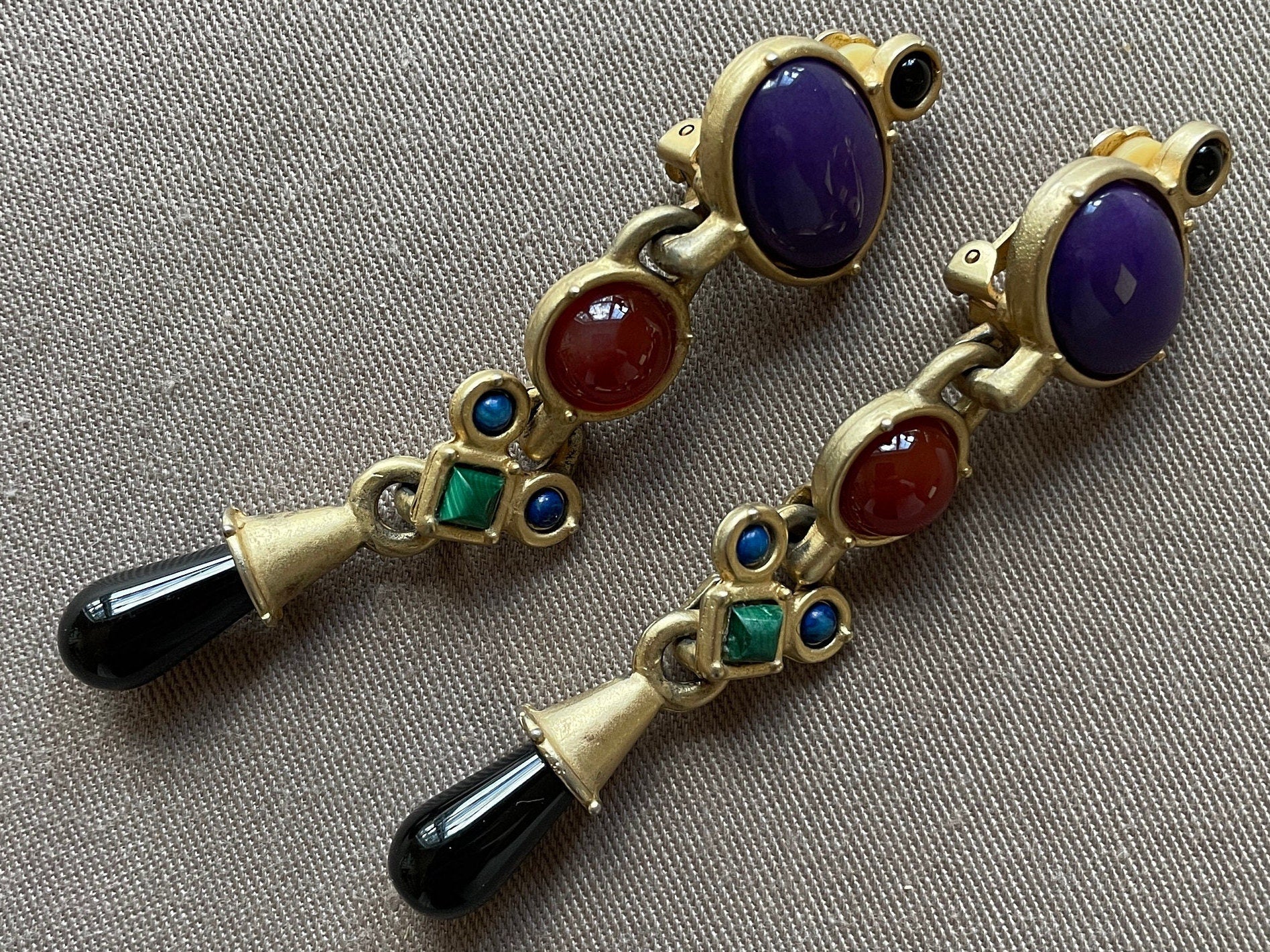 Colorful Etruscan Signed Lazuli Clip On Designer Statement Earrings by Lazuli - Image 2