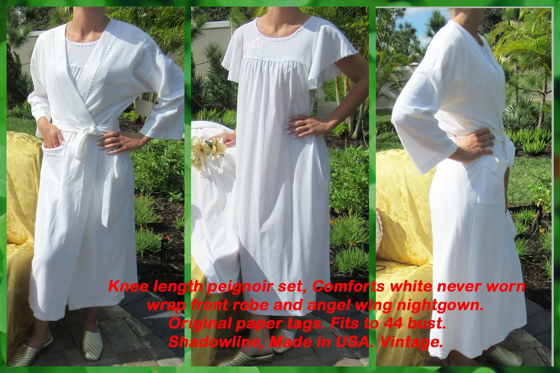 Comforts Robe and Nightgown Waffle Weave White Set Wrap Front Robe Angel Wing Gown Original Shadowline by Shadowline - Image 2