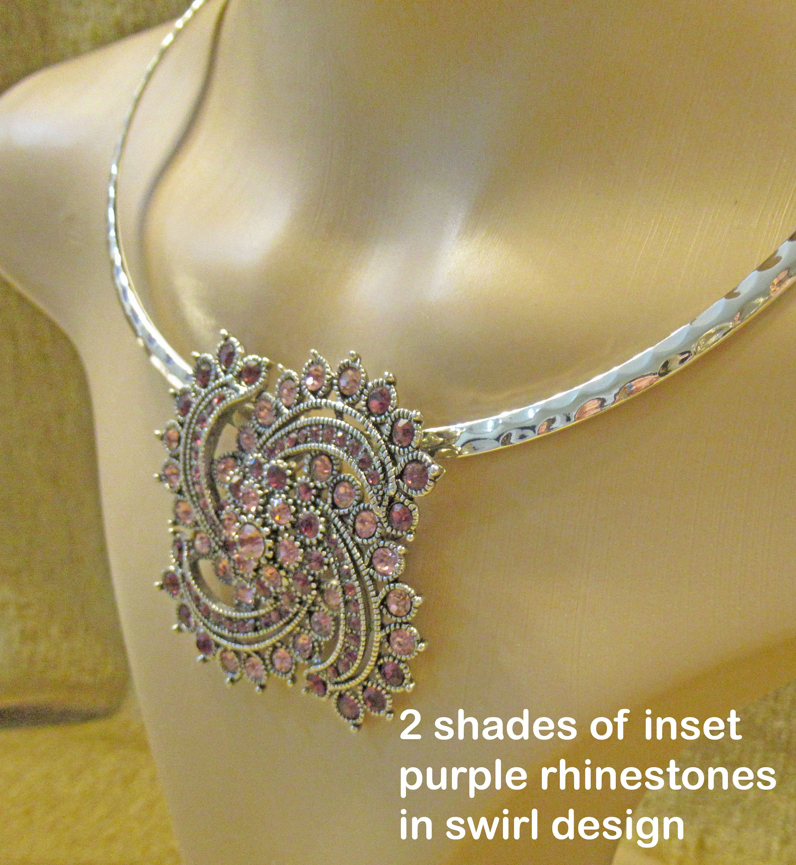 Convertible Brooch Wear As Brooch Or Pendant 2 Swirl Inset Pastel To Deep Purple Rhinestones Silver Tone Metal No Designer Logo Vintage - Image 10