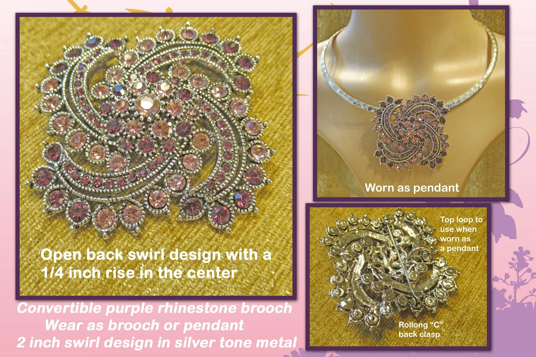 Convertible Brooch Wear As Brooch Or Pendant 2 Swirl Inset Pastel To Deep Purple Rhinestones Silver Tone Metal No Designer Logo Vintage - Image 2