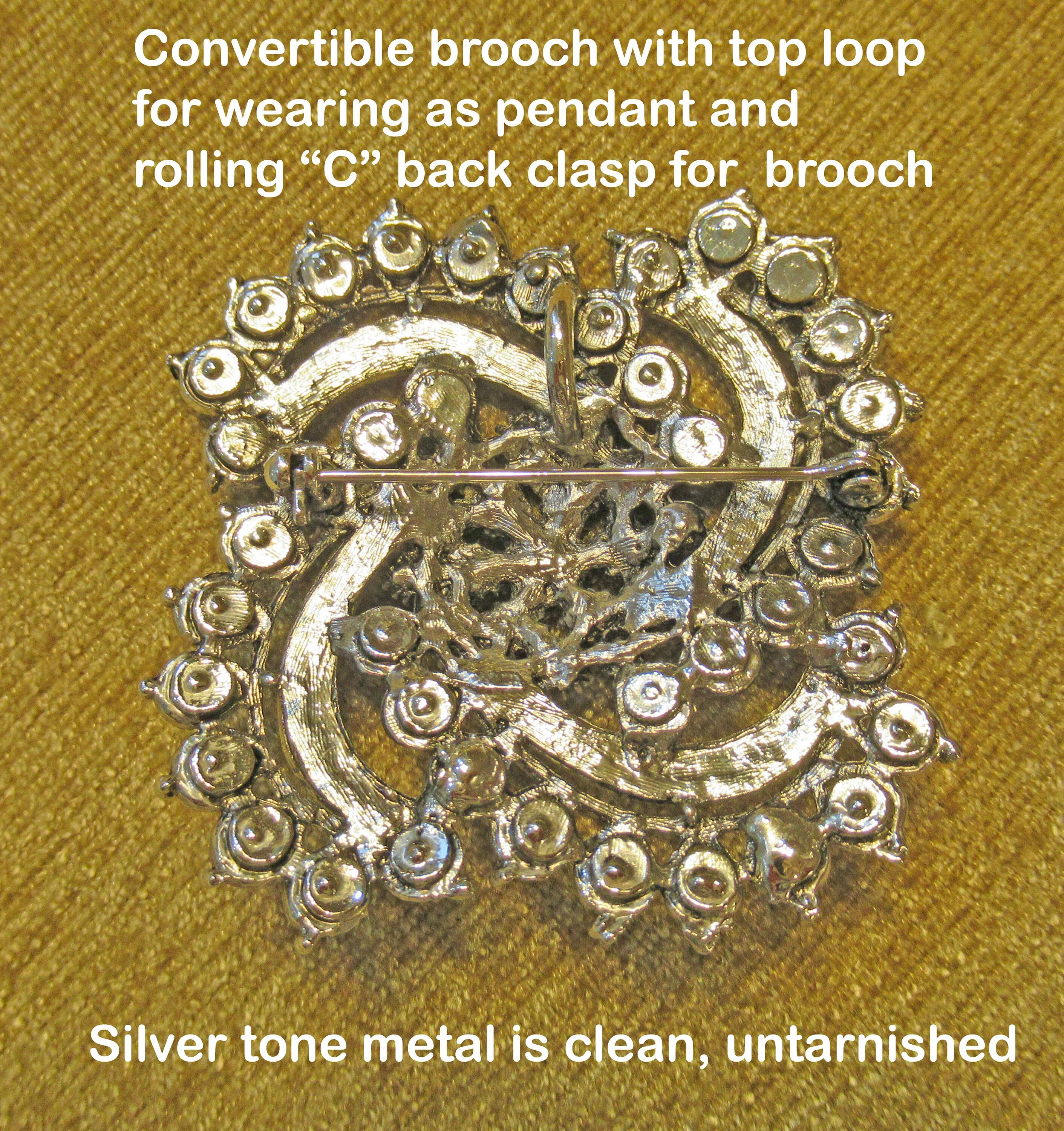 Convertible Brooch Wear As Brooch Or Pendant 2 Swirl Inset Pastel To Deep Purple Rhinestones Silver Tone Metal No Designer Logo Vintage - Image 4