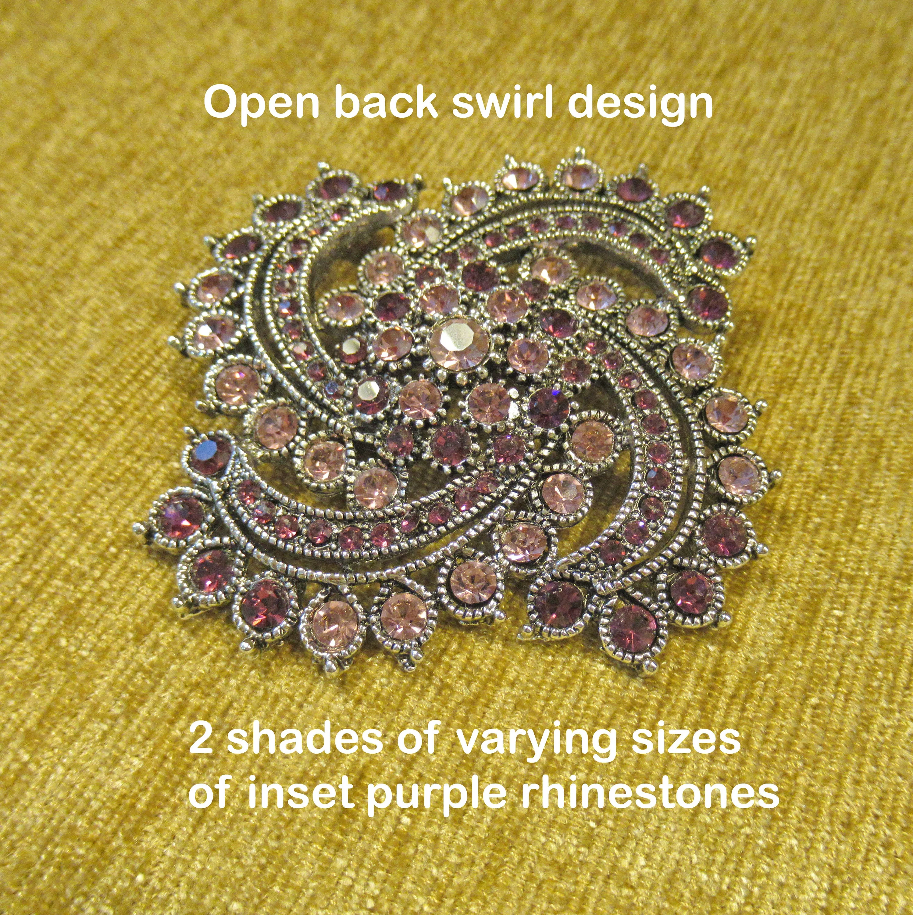 Convertible Brooch Wear As Brooch Or Pendant 2 Swirl Inset Pastel To Deep Purple Rhinestones Silver Tone Metal No Designer Logo Vintage - Image 6