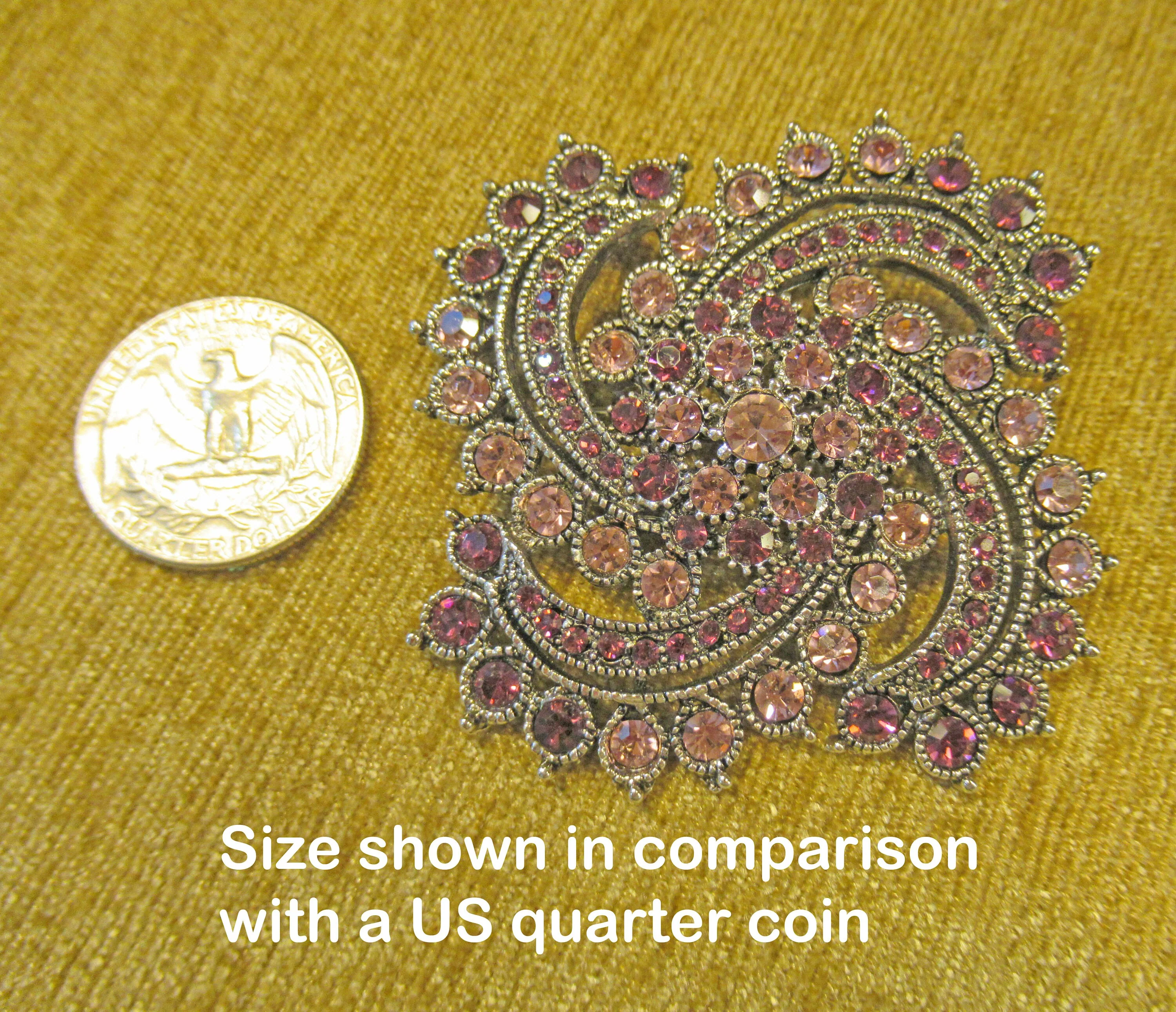 Convertible Brooch Wear As Brooch Or Pendant 2 Swirl Inset Pastel To Deep Purple Rhinestones Silver Tone Metal No Designer Logo Vintage - Image 7
